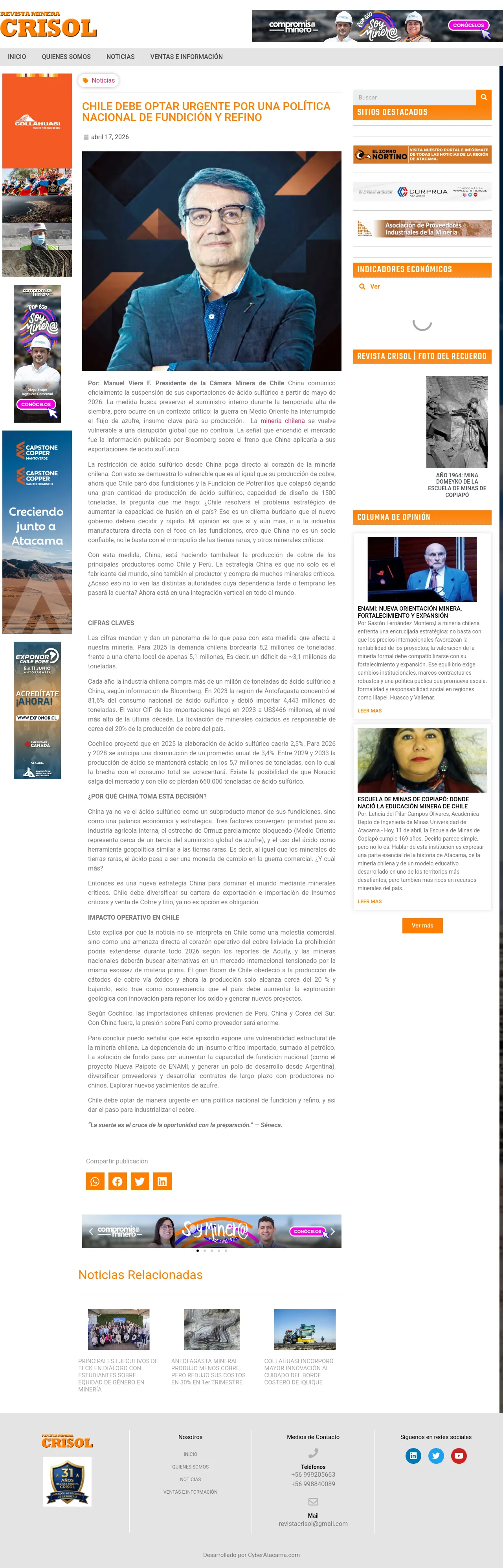 CHILE DEBE OPTAR URGENTE POR UNA POLÍTICA NACIONAL DE FUNDICIÓN Y REFINO