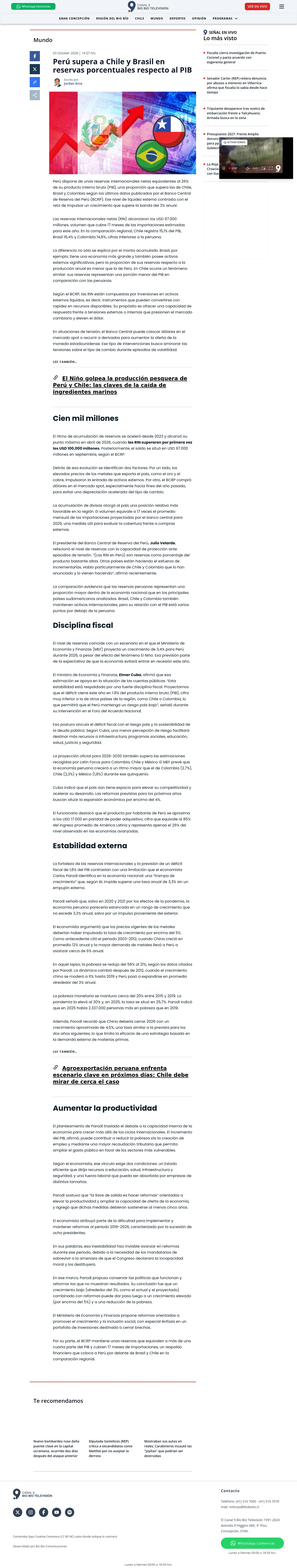Perú supera a Chile y Brasil en reservas porcentuales respecto al PIB