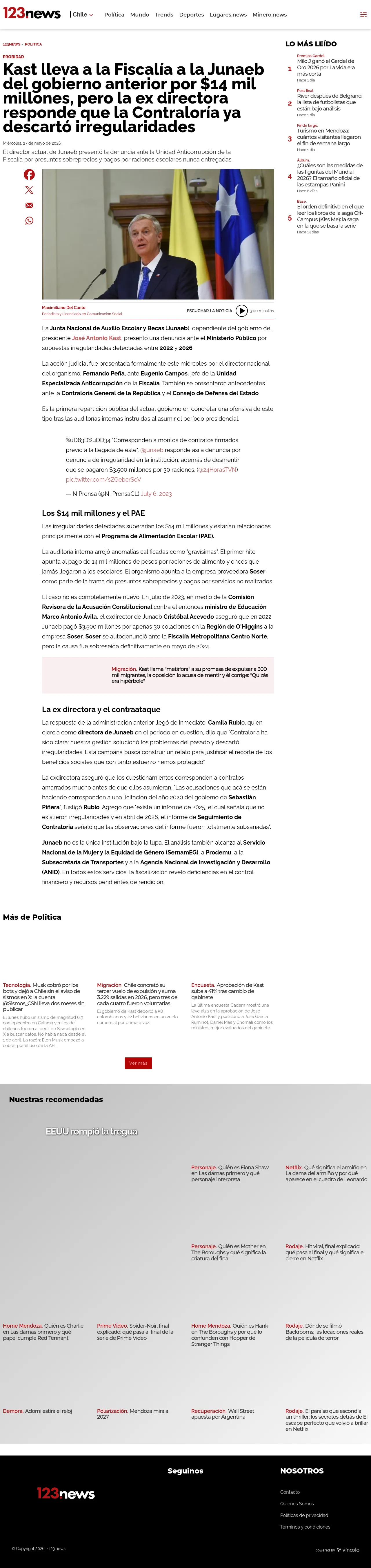 Kast lleva a la Fiscalía a la Junaeb del gobierno anterior por $14 mil millones, pero la ex directora responde que la Contraloría ya descartó irregularidades