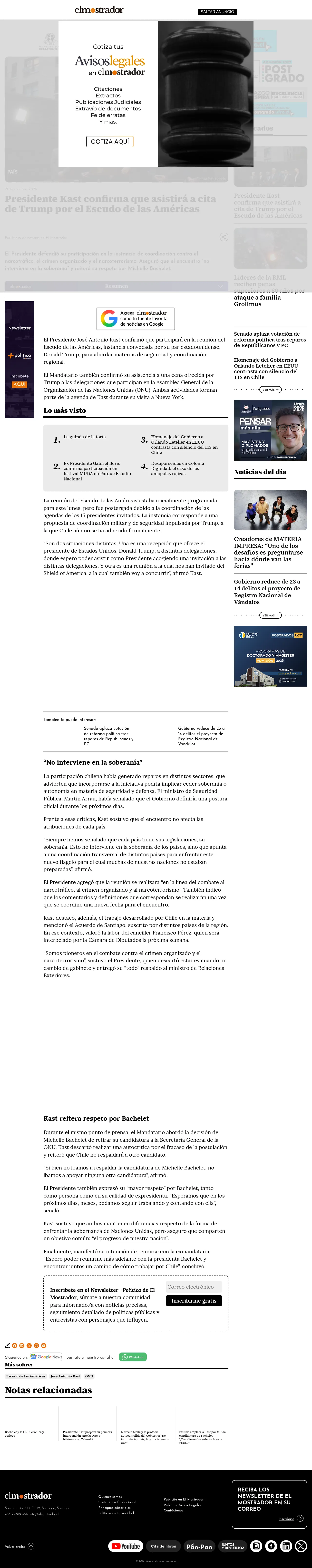 Presidente Kast confirma que asistirá a cita de Trump por el Escudo de las Américas