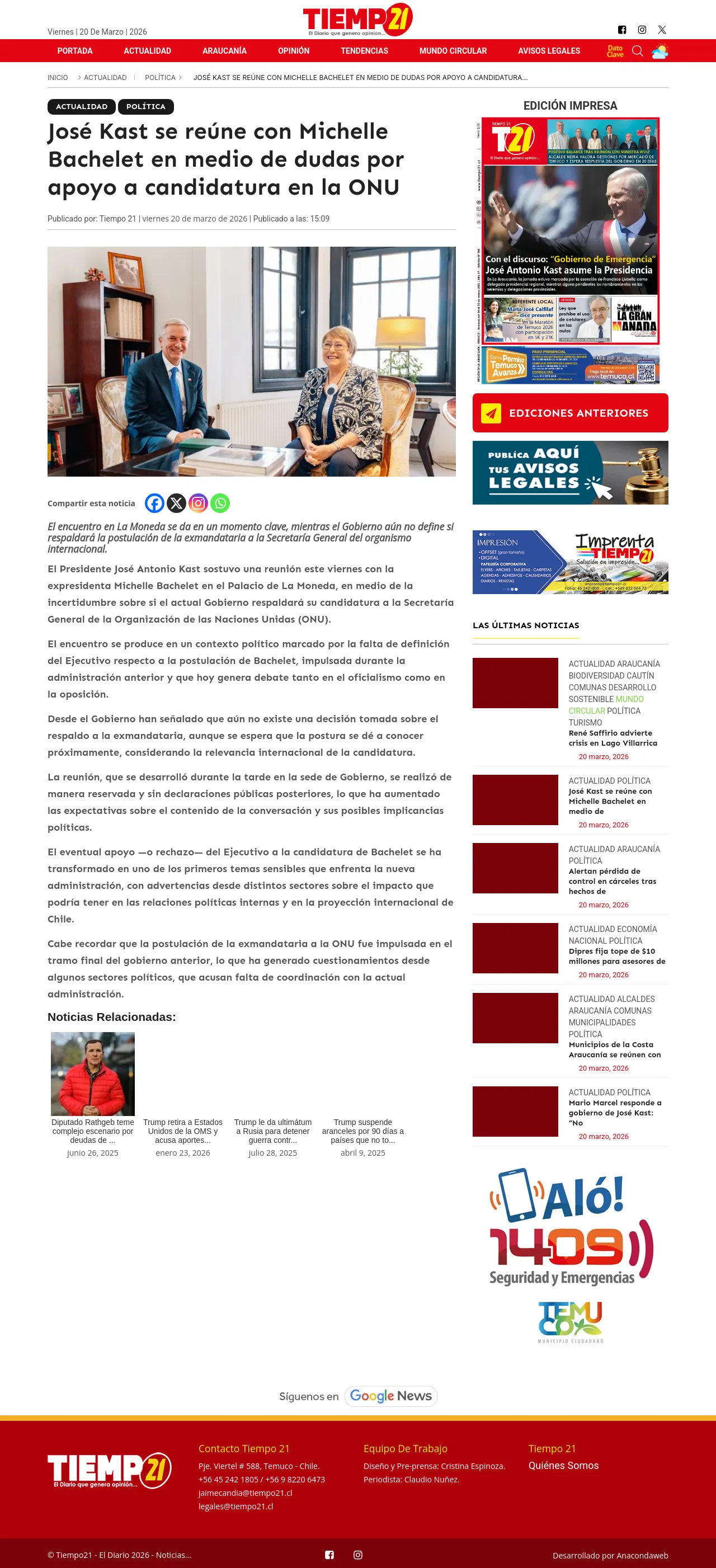 José Kast se reúne con Michelle Bachelet en medio de dudas por apoyo a candidatura en la ONU