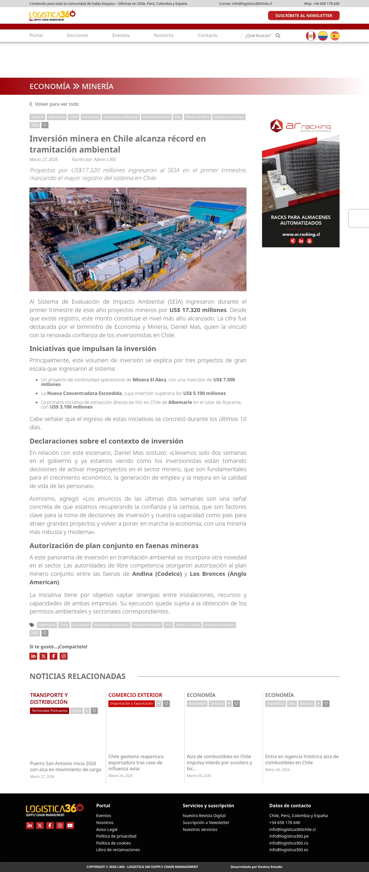 Inversión minera en Chile alcanza récord en tramitación ambiental