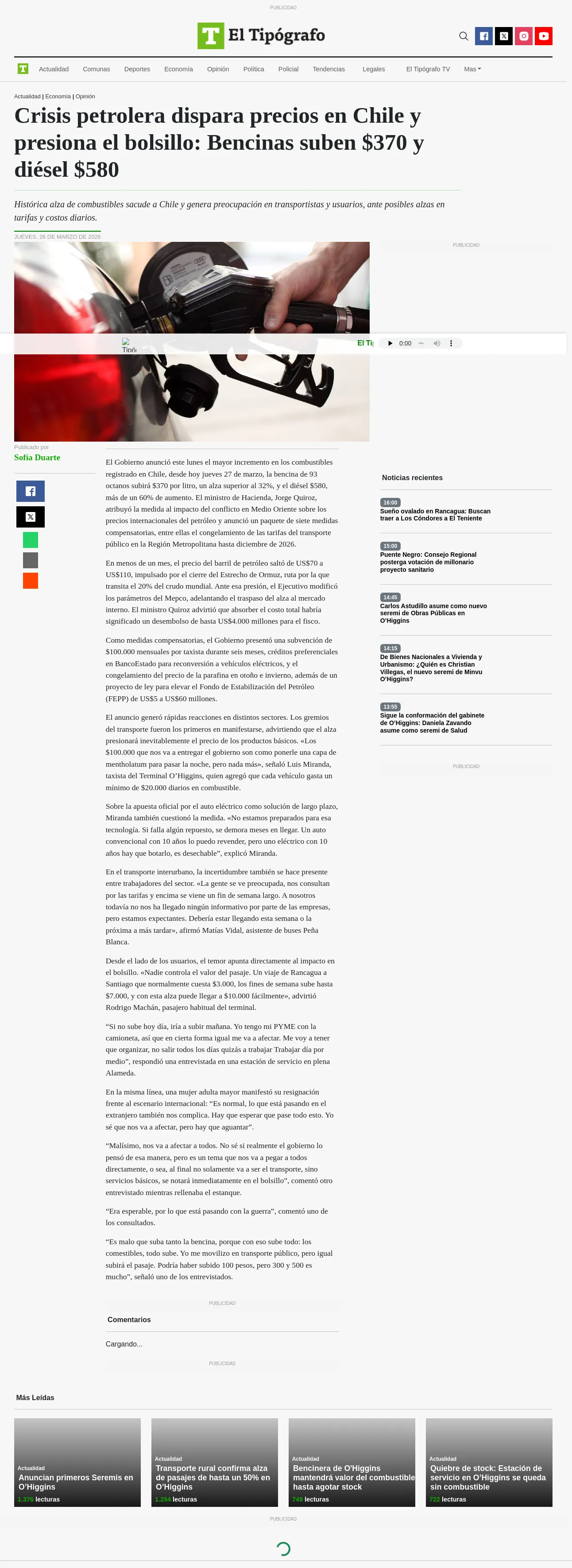 Crisis petrolera dispara precios en Chile y presiona el bolsillo: Bencinas suben $370 y diésel $580