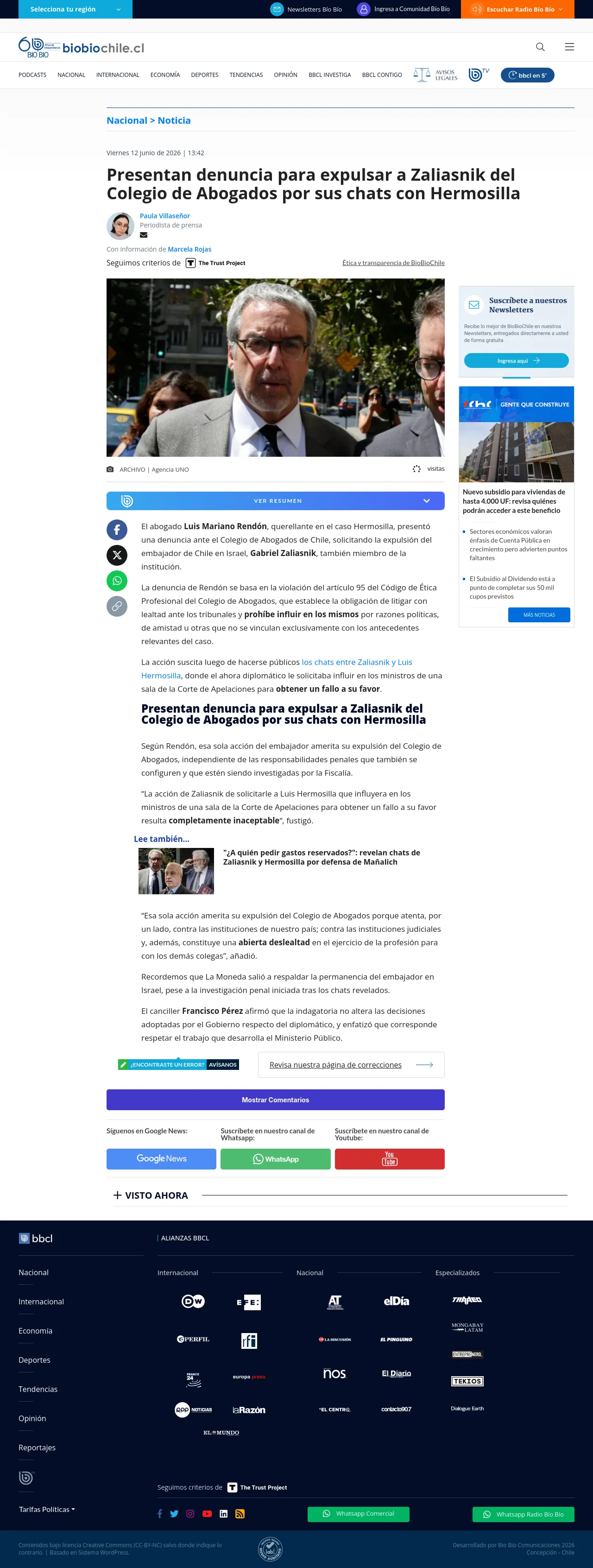 Presentan denuncia para expulsar a Zaliasnik del Colegio de Abogados por sus chats con Hermosilla