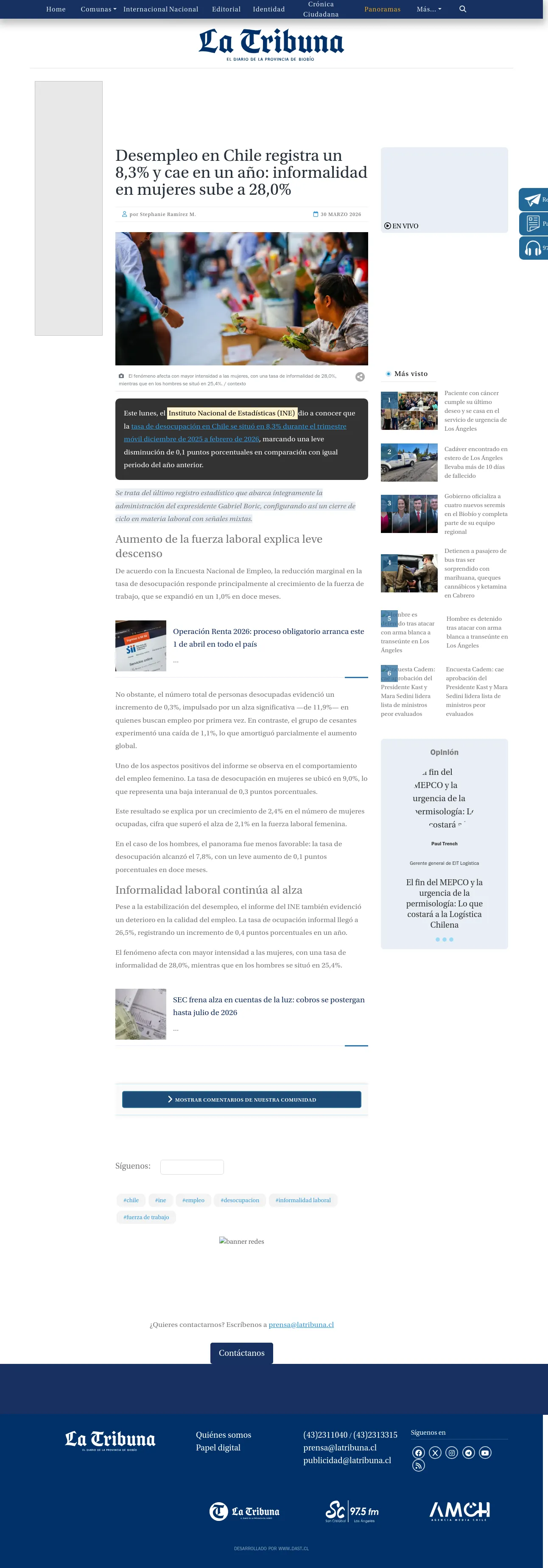 Desempleo en Chile registra un 8,3% y cae en un año: informalidad en mujeres sube a 28,0%
