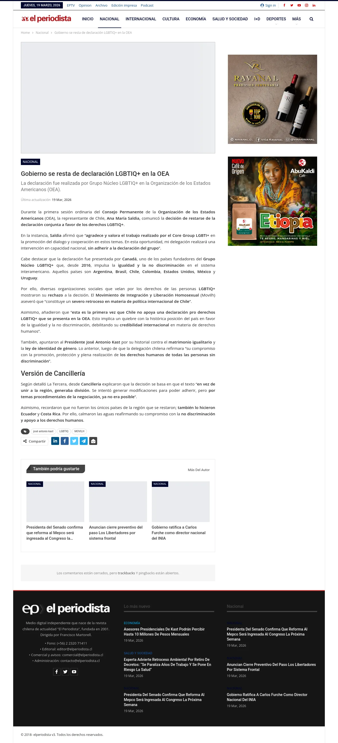 Gobierno se resta de declaración LGBTIQ+ en la OEA