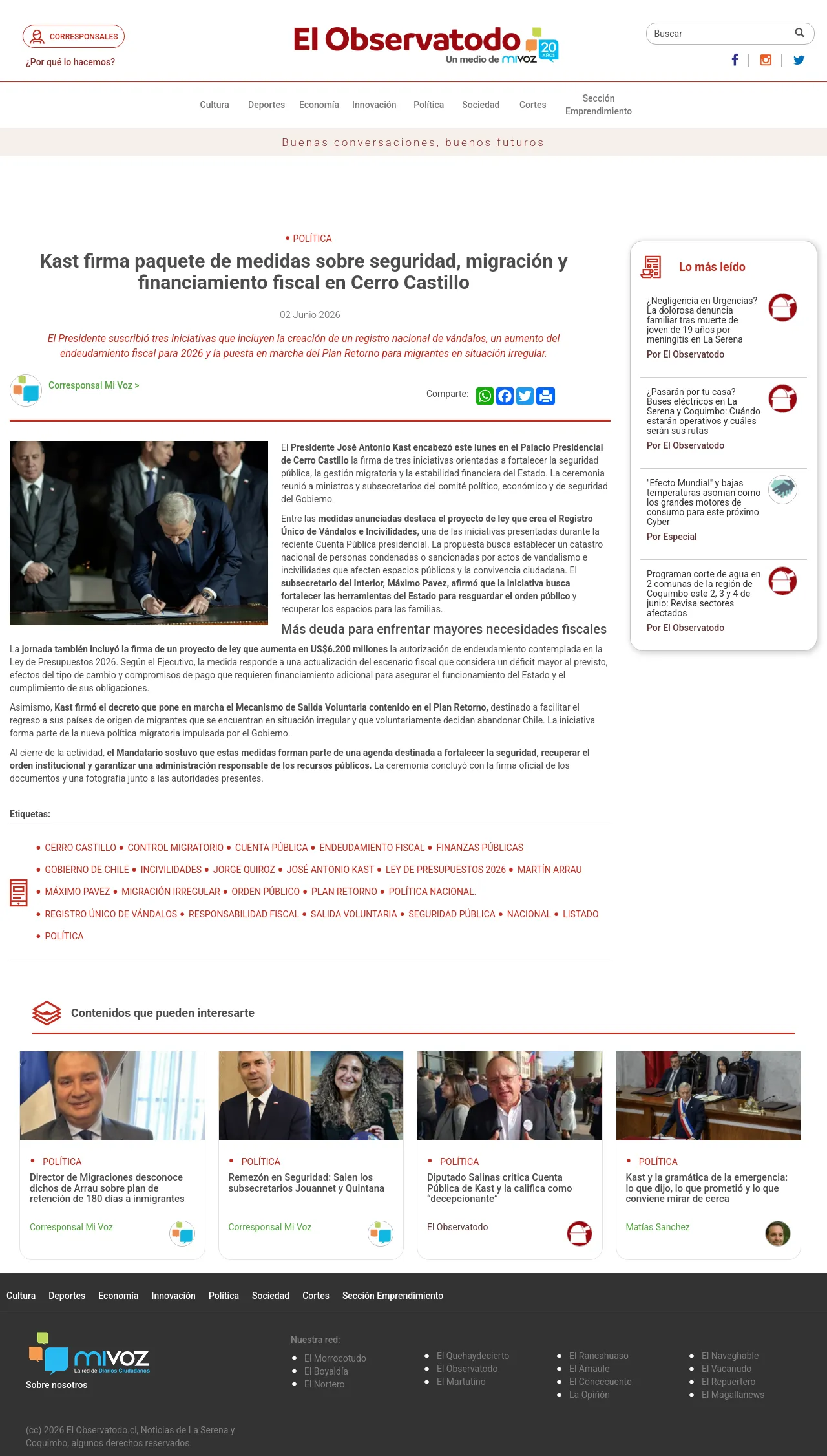 Kast firma paquete de medidas sobre seguridad, migración y financiamiento fiscal en Cerro Castillo