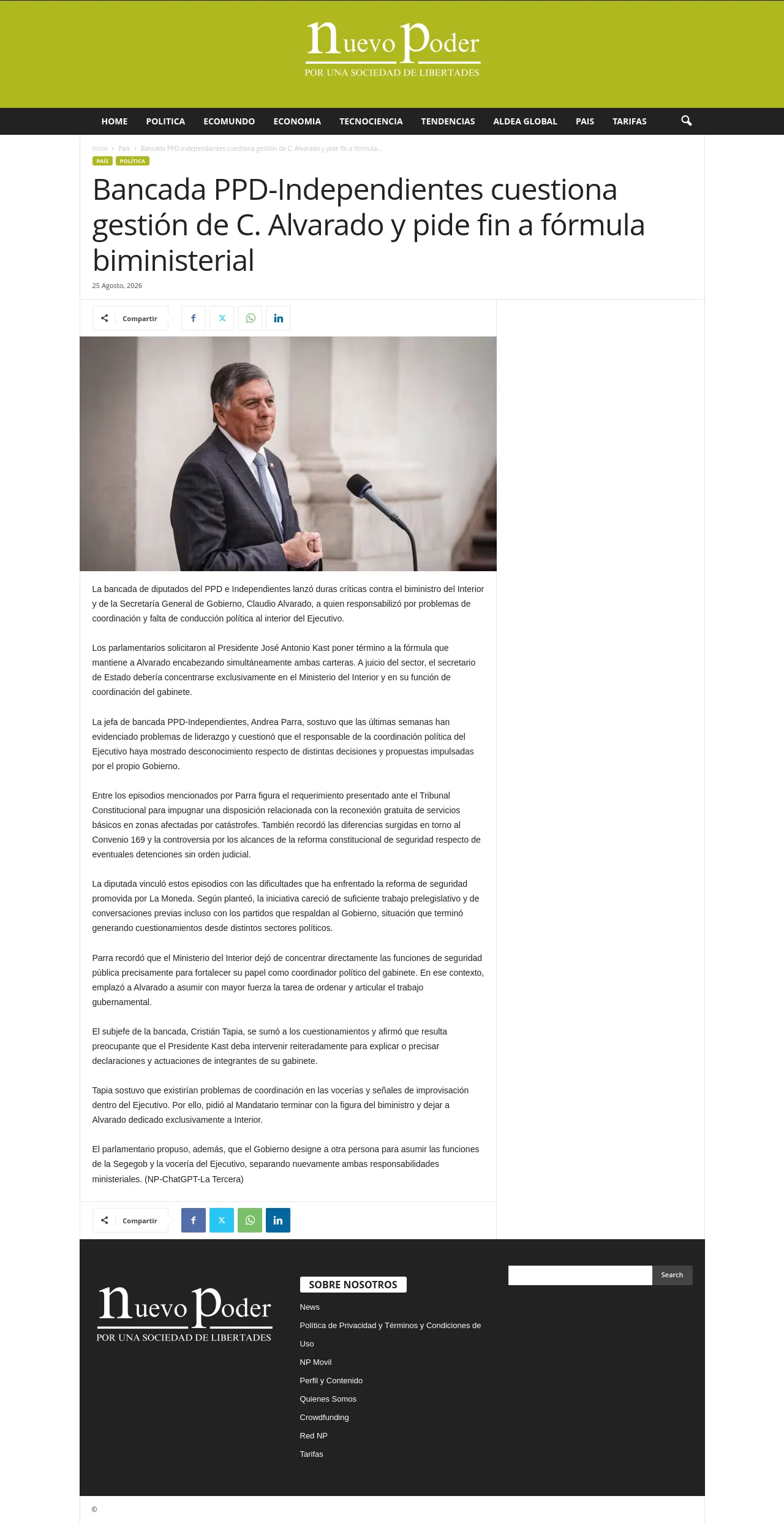 Bancada PPD-Independientes cuestiona gestión de C. Alvarado y pide fin a fórmula biministerial