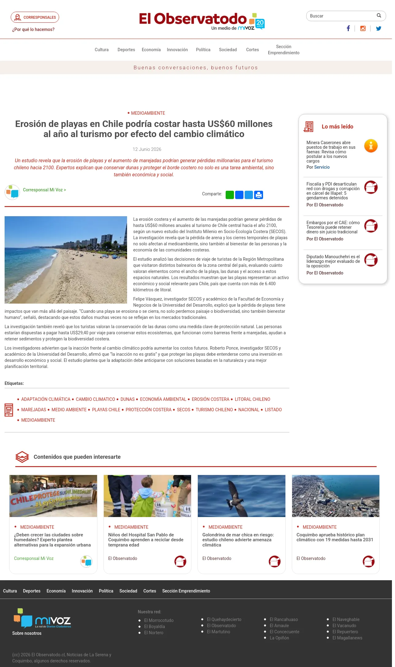 Erosión de playas en Chile podría costar hasta US$60 millones al año al turismo por efecto del cambio climático