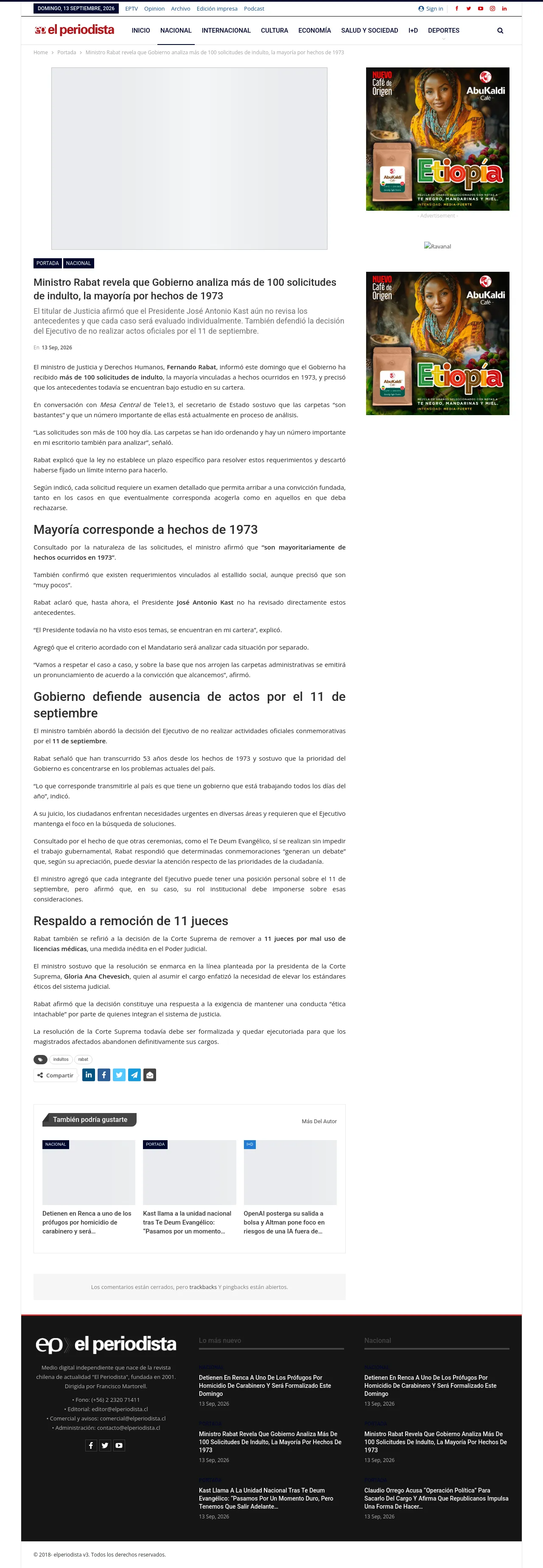 Ministro Rabat revela que Gobierno analiza más de 100 solicitudes de indulto, la mayoría por hechos de 1973