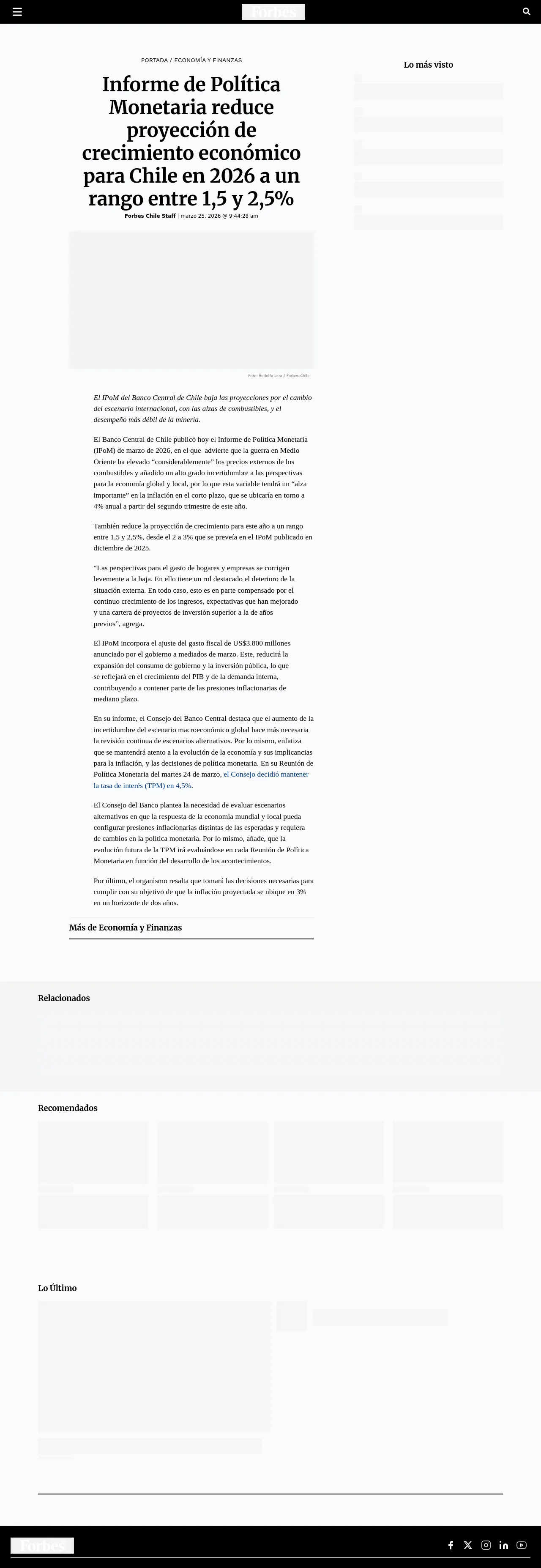 Informe de Política Monetaria reduce proyección de crecimiento económico para Chile en 2026 a un rango entre 1,5 y 2,5%