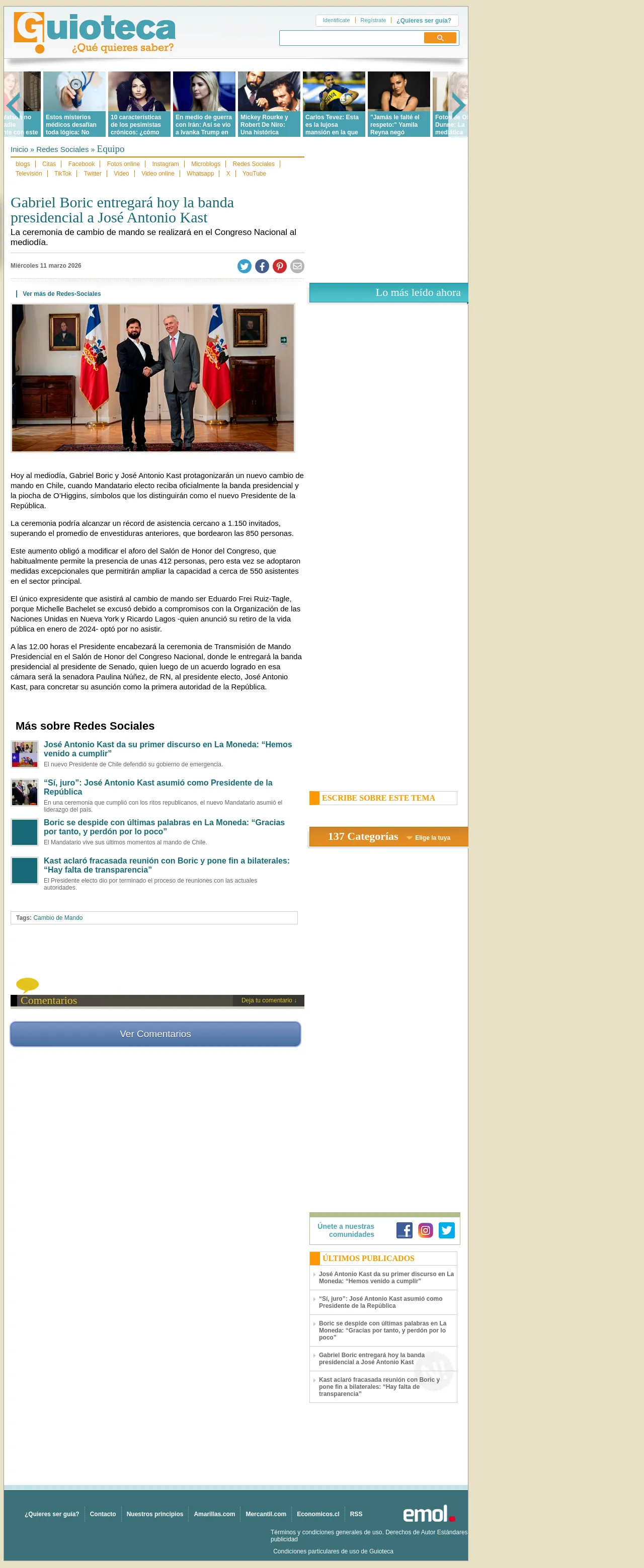 Gabriel Boric entregará hoy la banda presidencial a José Antonio Kast