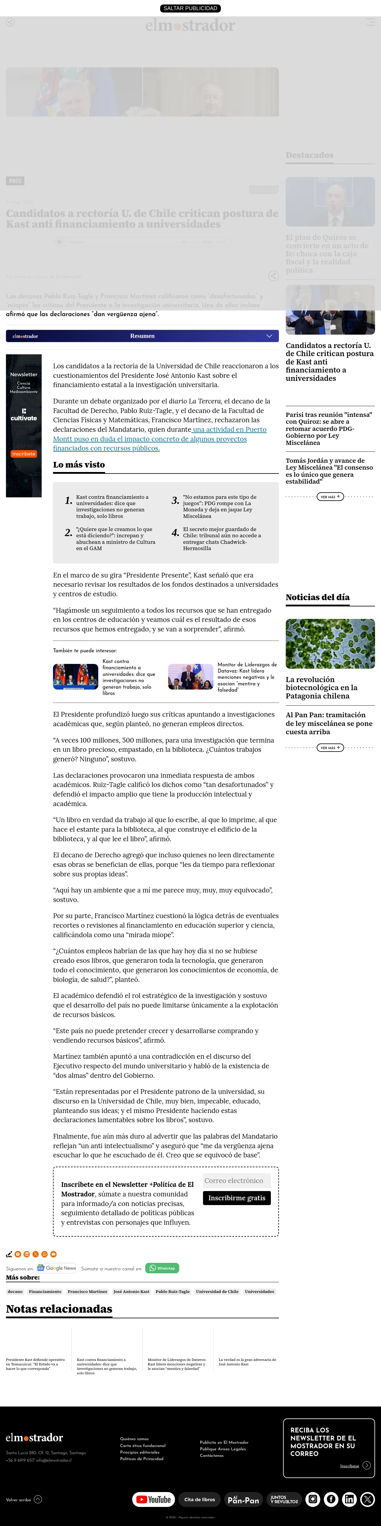 Candidatos a rectoría U. de Chile critican postura de Kast anti financiamiento a universidades