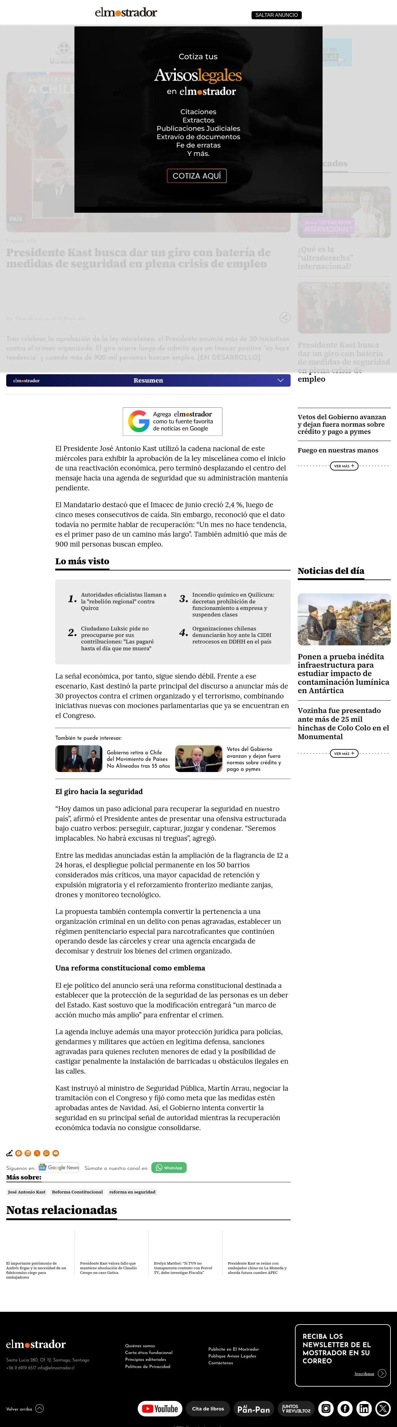 Presidente Kast busca dar un giro con batería de medidas de seguridad en plena crisis de empleo