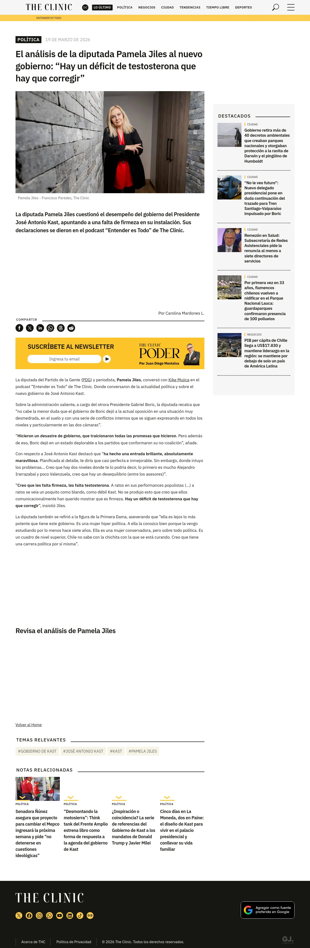 El análisis de la diputada Pamela Jiles al nuevo gobierno: “Hay un déficit de testosterona que hay que corregir”