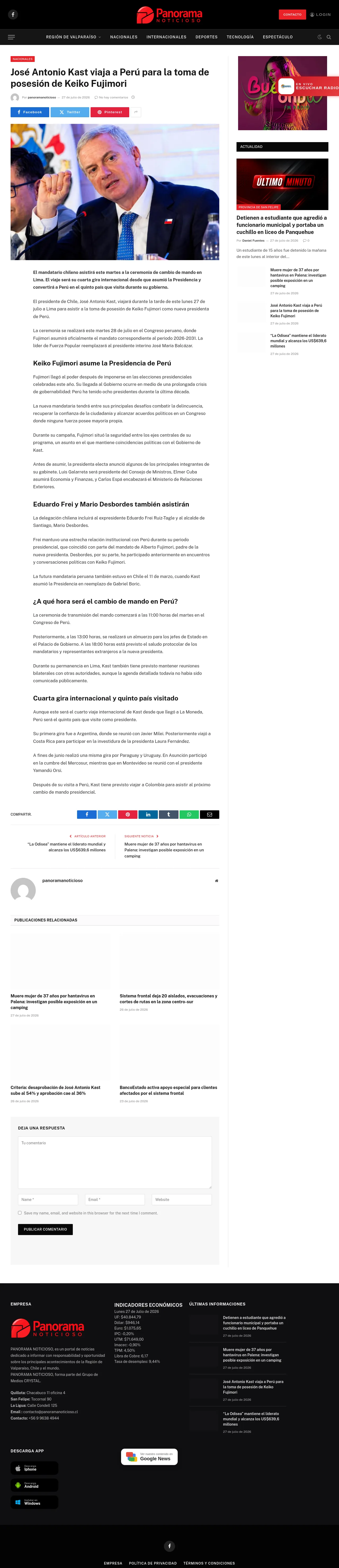 José Antonio Kast viaja a Perú para la toma de posesión de Keiko Fujimori
