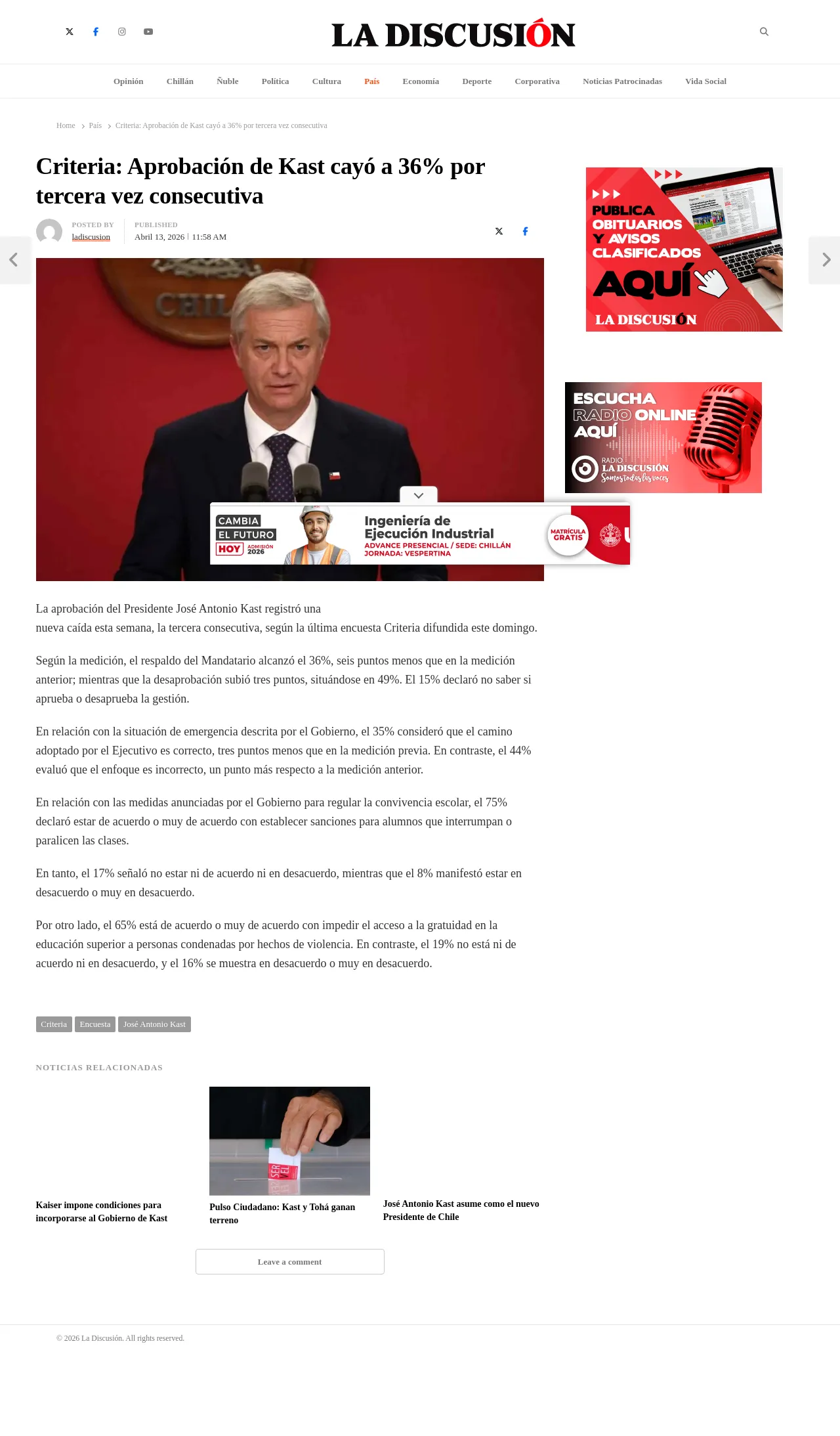 Criteria: Aprobación de Kast cayó a 36% por tercera vez consecutiva