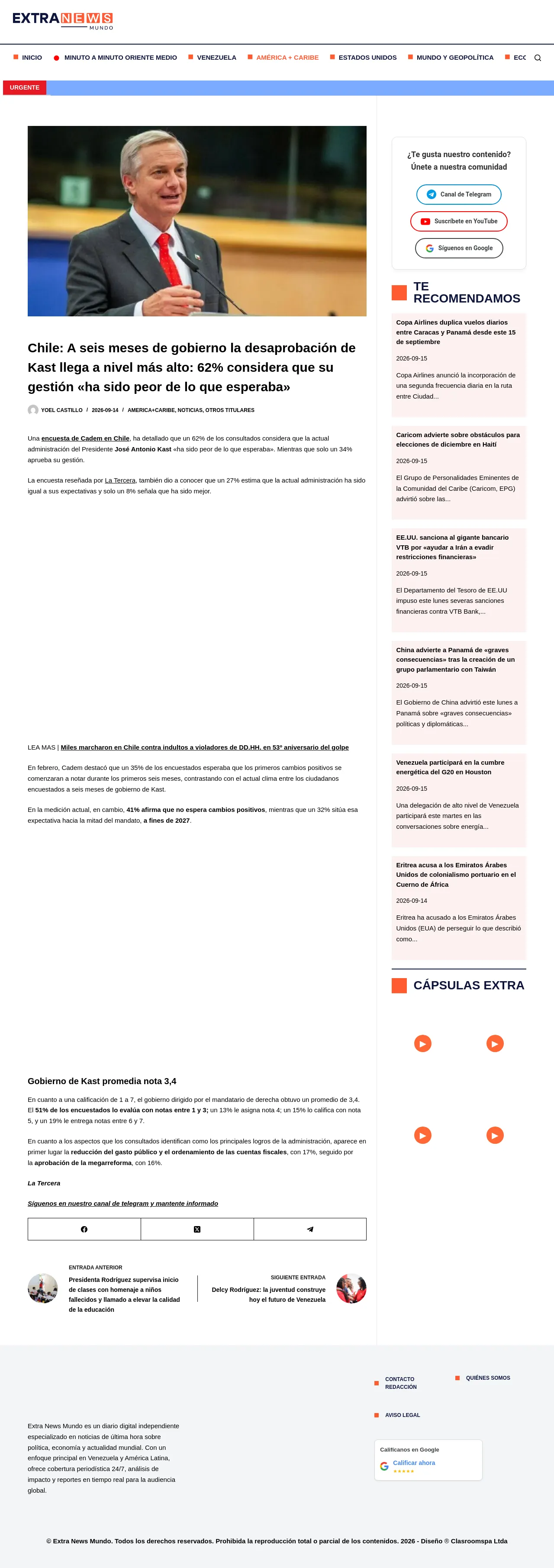 Chile: A seis meses de gobierno la desaprobación de Kast llega a nivel más alto: 62% considera que su gestión "ha sido peor de lo que esperaba"
