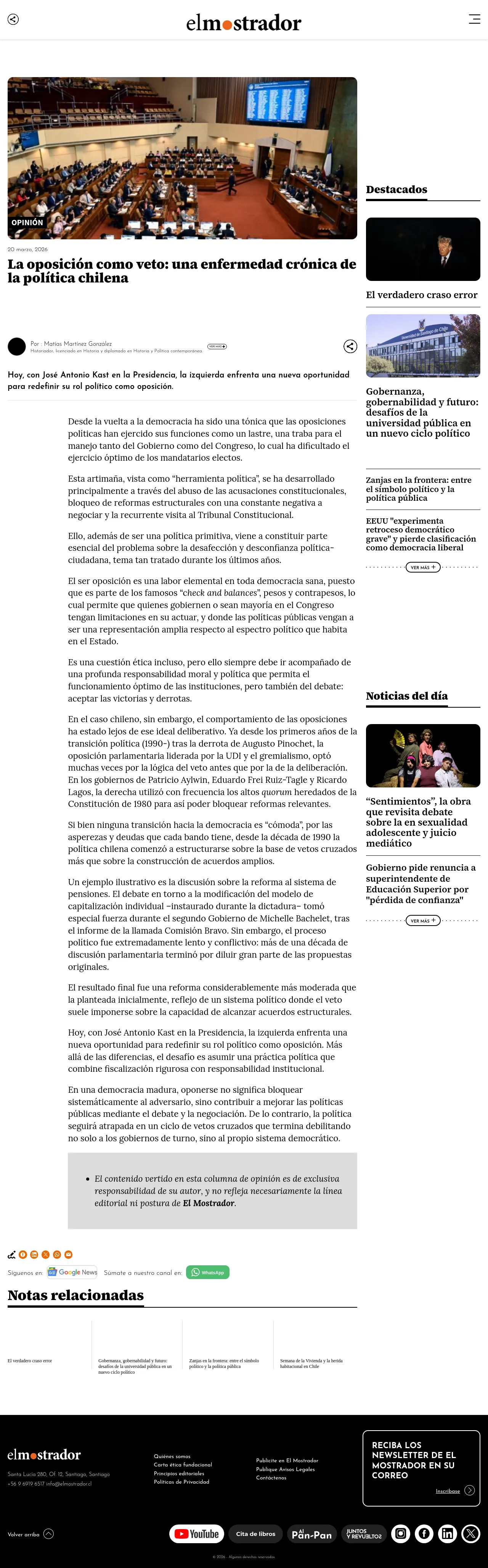 La oposición como veto: una enfermedad crónica de la política chilena