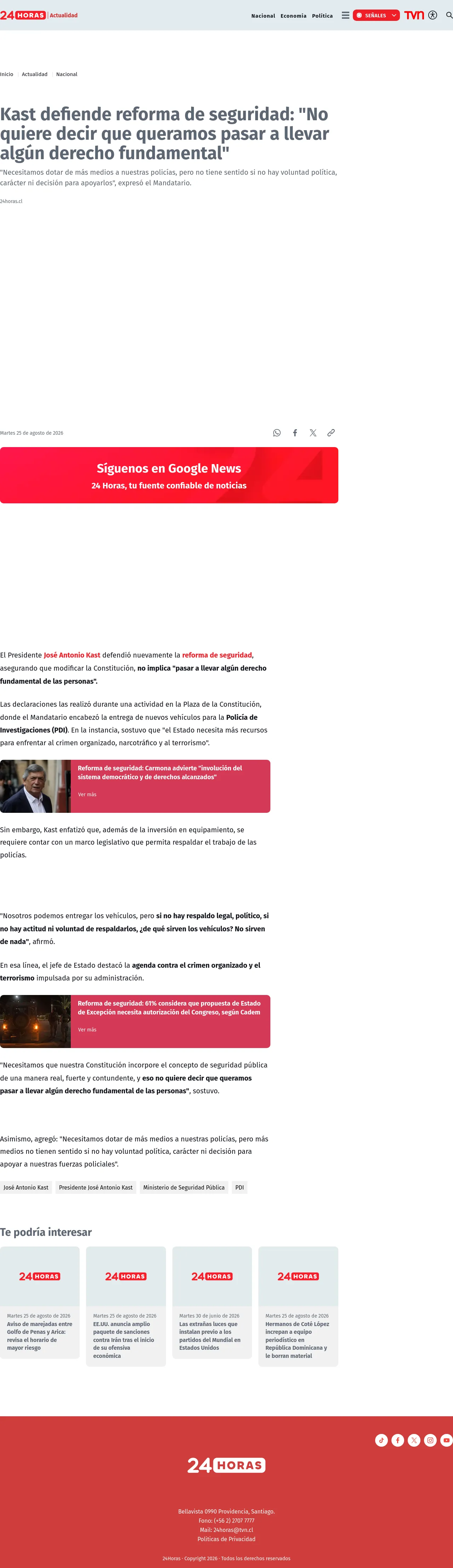 Kast defiende reforma de seguridad: "No quiere decir que queramos pasar a llevar algún derecho fundamental"