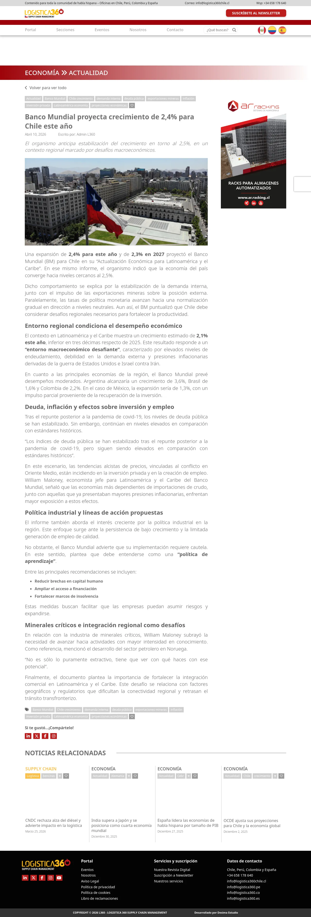 Banco Mundial proyecta crecimiento de 2,4% para Chile este año
