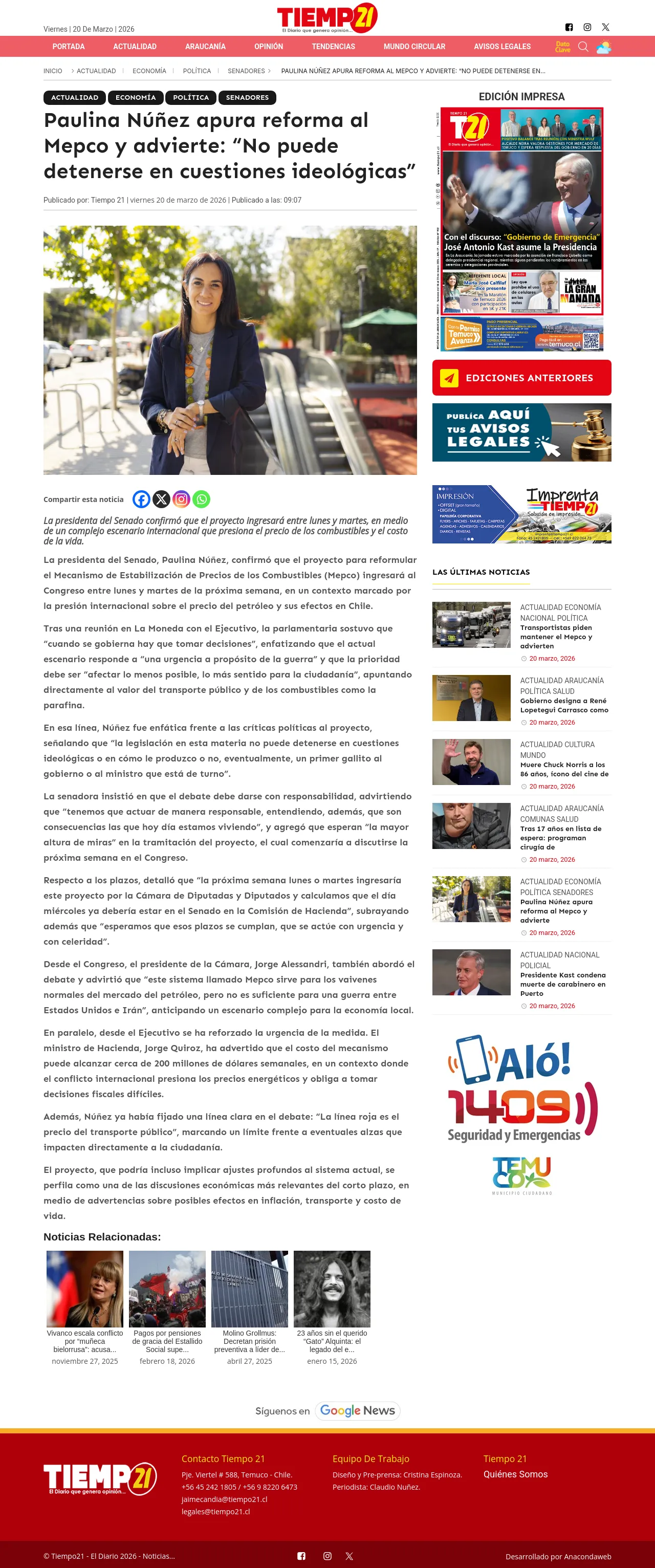 Paulina Núñez apura reforma al Mepco y advierte: “No puede detenerse en cuestiones ideológicas”