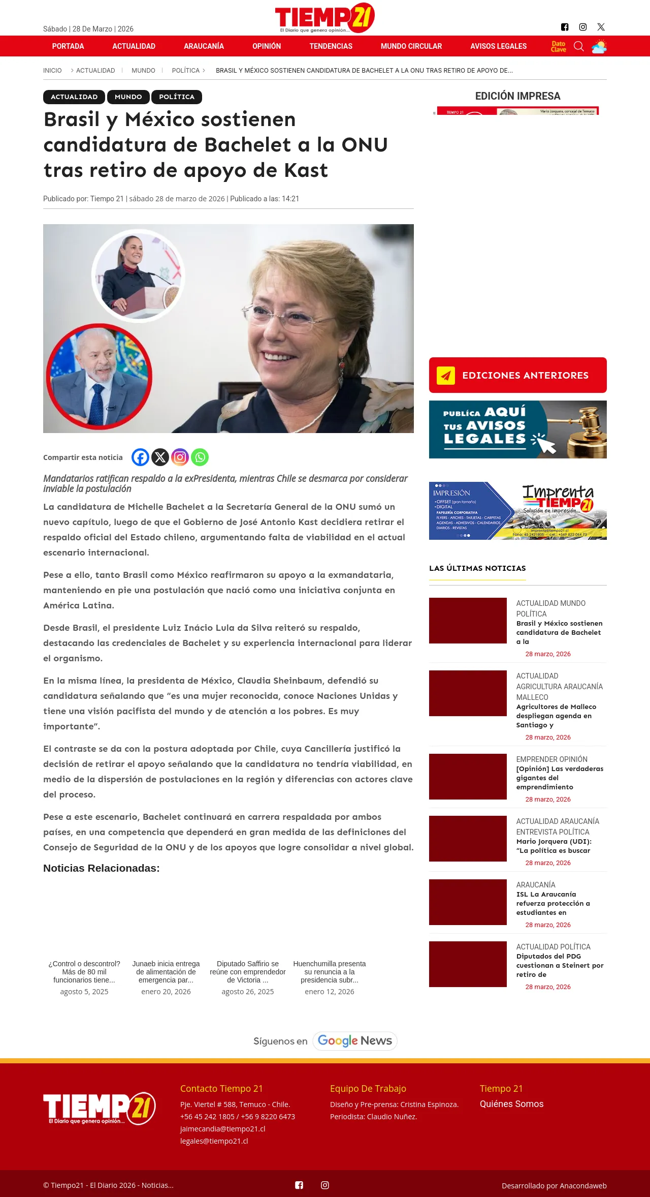 Brasil y México sostienen candidatura de Bachelet a la ONU tras retiro de apoyo de Kast