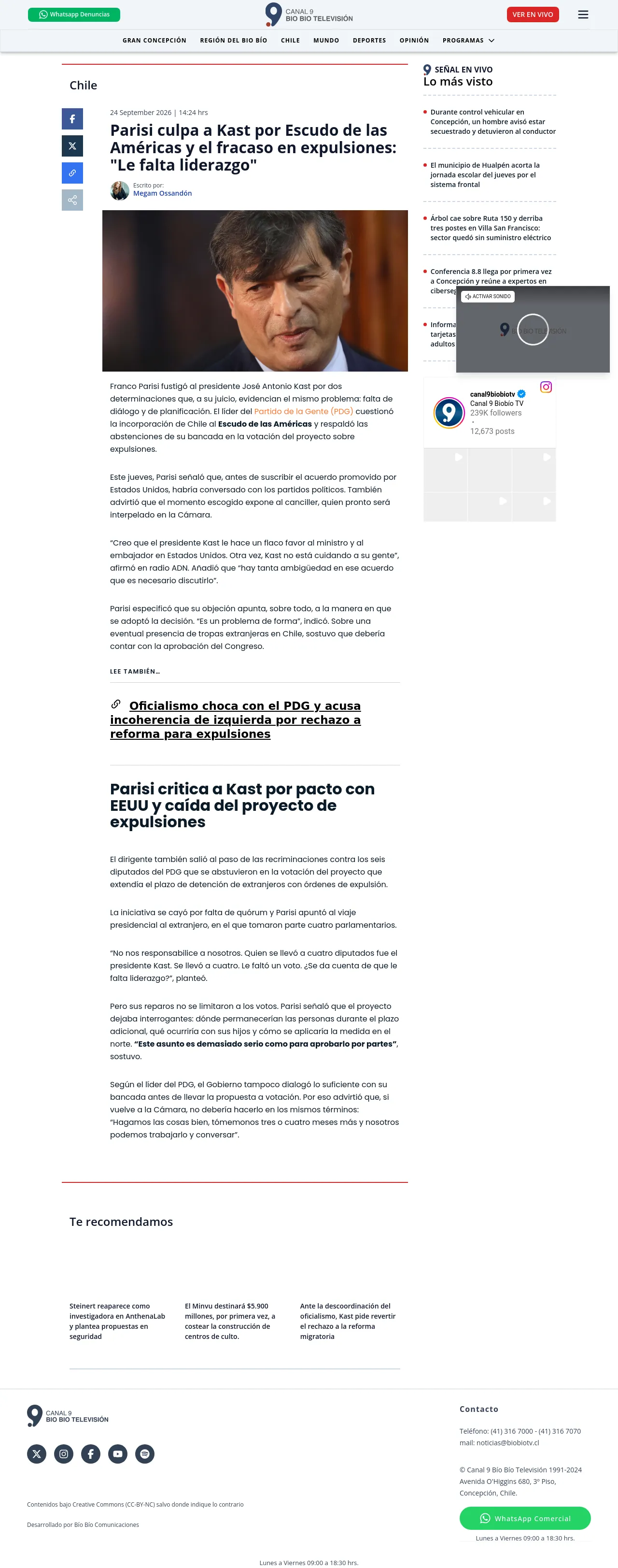 Parisi culpa a Kast por Escudo de las Américas y el fracaso en expulsiones: "Le falta liderazgo"