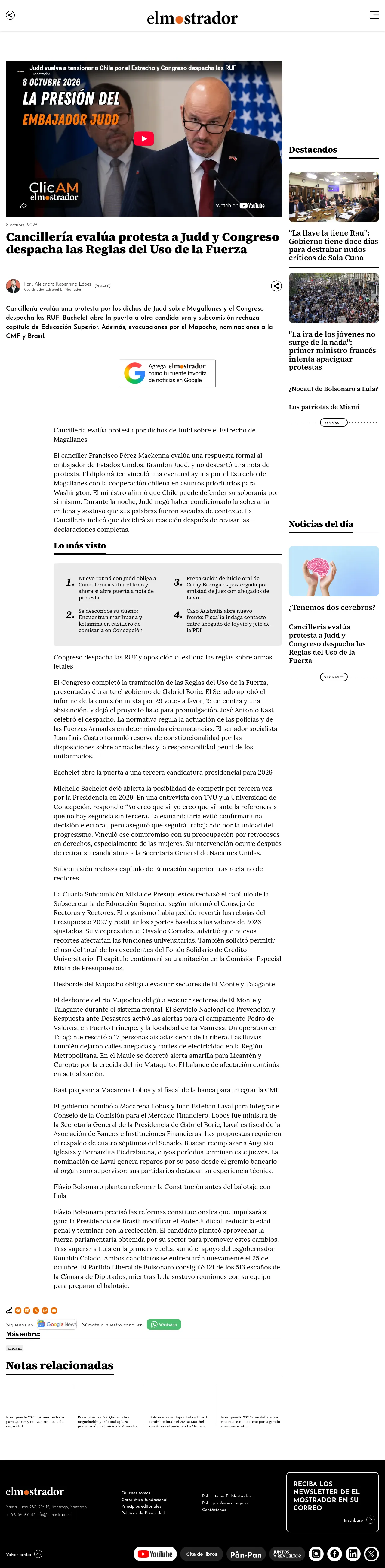 Cancillería evalúa protesta a Judd y Congreso despacha las Reglas del Uso de la Fuerza