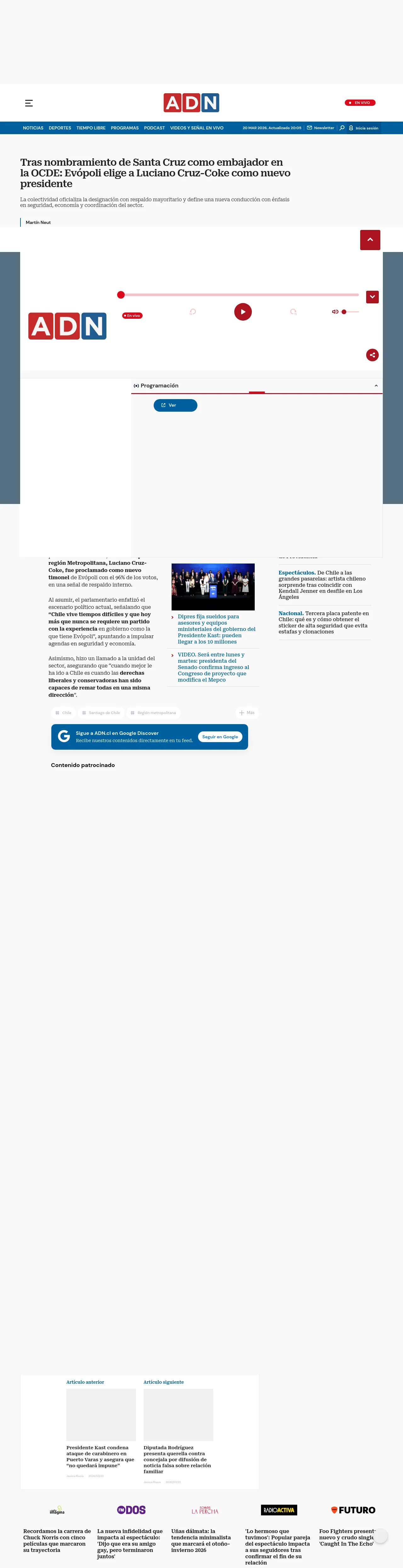 Tras nombramiento de Santa Cruz como embajador en la OCDE: Evópoli elige a Luciano Cruz-Coke como nuevo presidente