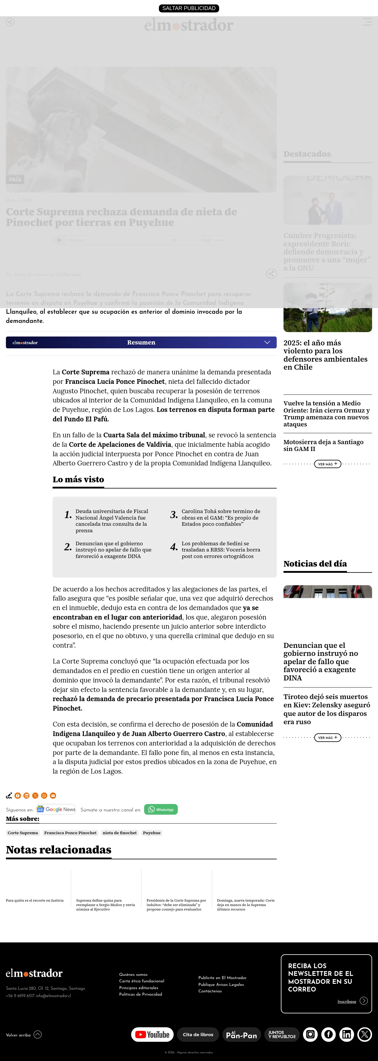 Corte Suprema rechaza demanda de nieta de Pinochet por tierras en Puyehue