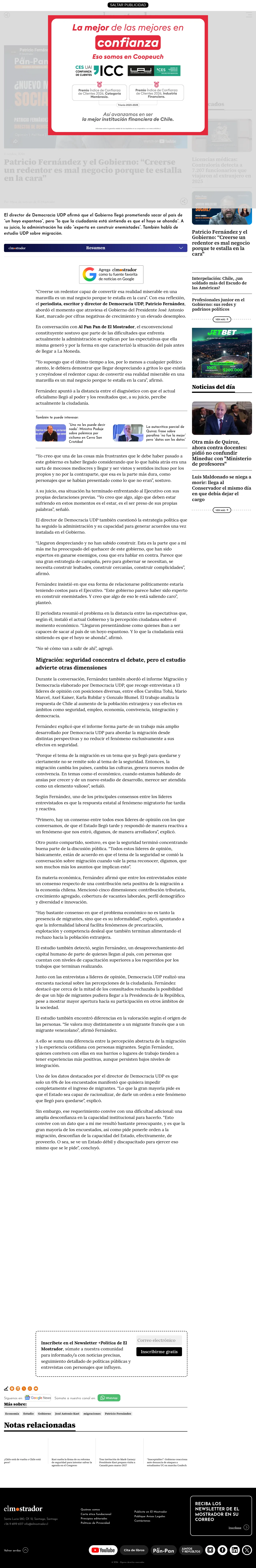 Patricio Fernández y el Gobierno: “Creerse un redentor es mal negocio porque te estalla en la cara”