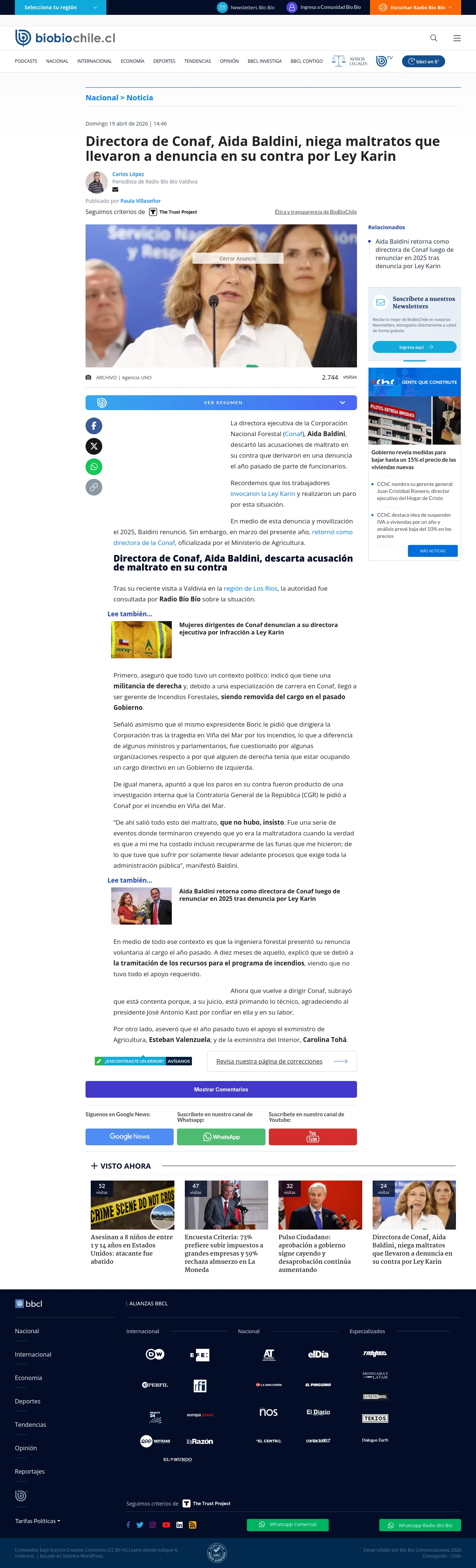 Directora de Conaf, Aida Baldini, niega maltratos que llevaron a denuncia en su contra por Ley Karin