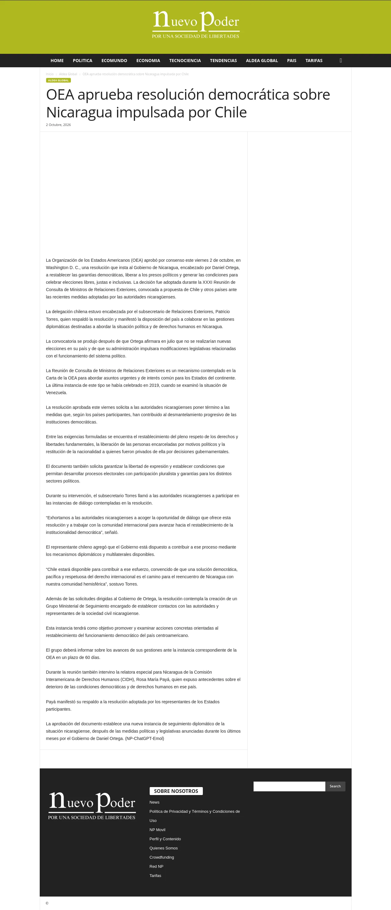 OEA aprueba resolución democrática sobre Nicaragua impulsada por Chile