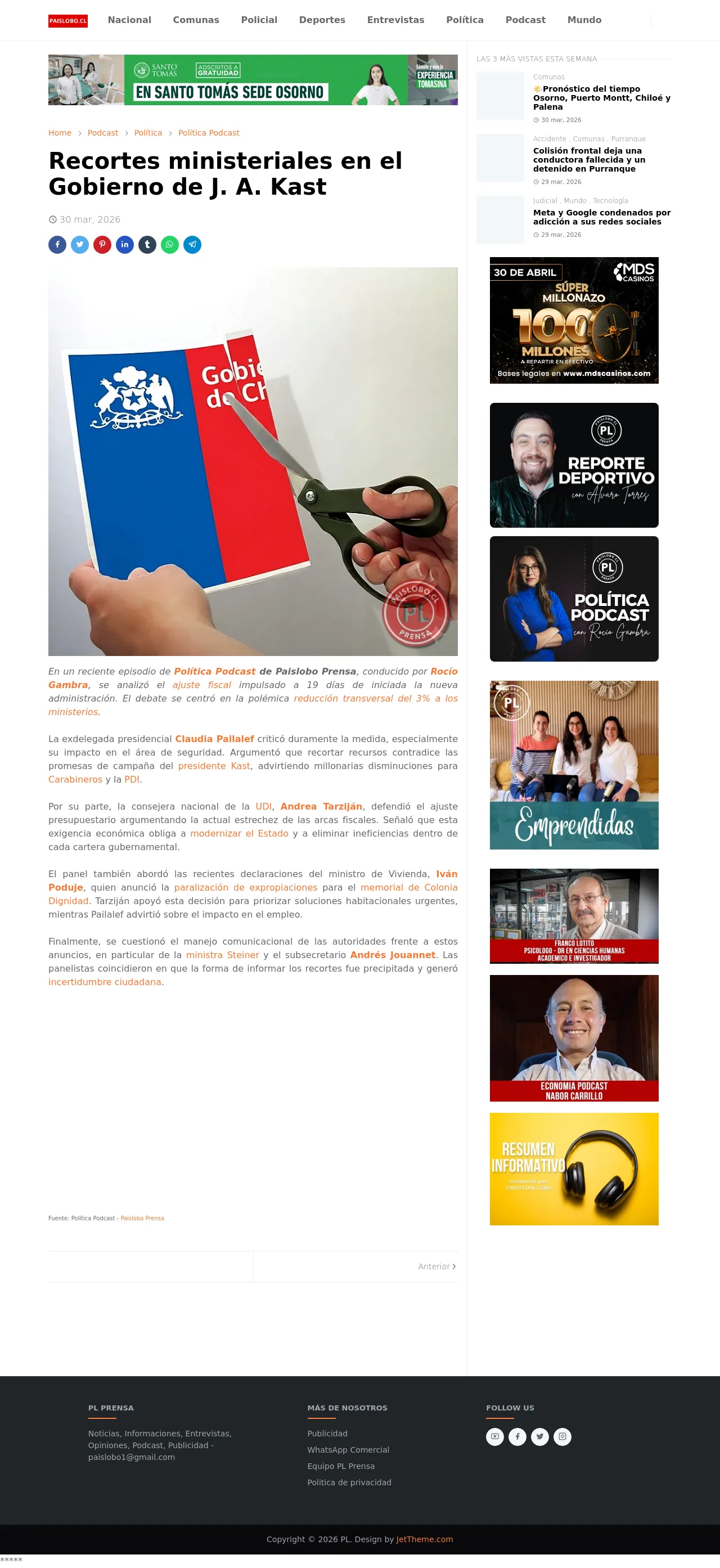 Recortes ministeriales en el Gobierno de J. A. Kast