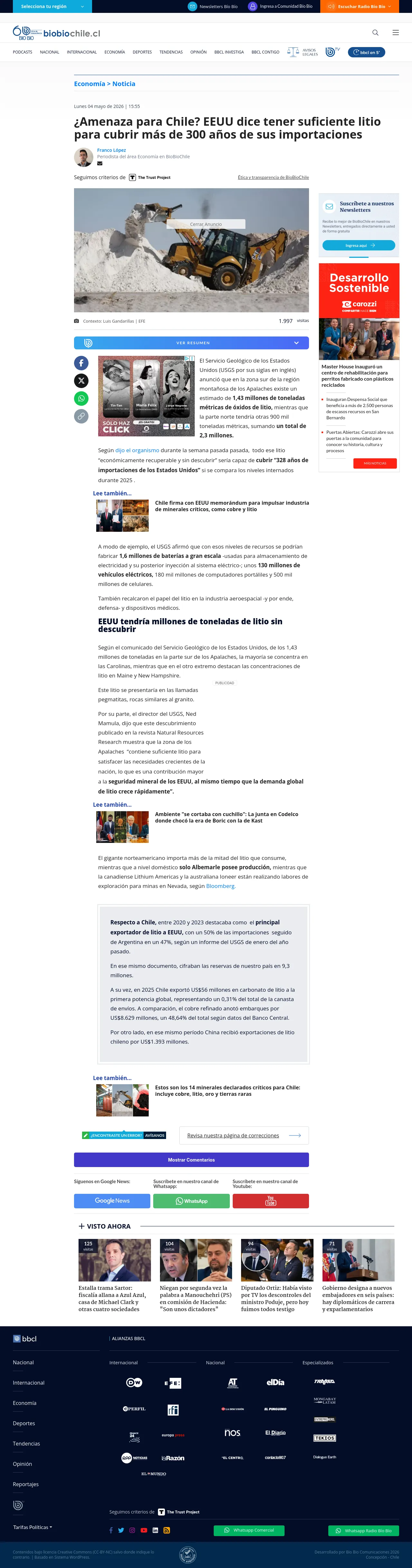 ¿Amenaza para Chile? EEUU dice tener suficiente litio para cubrir más de 300 años de sus importaciones