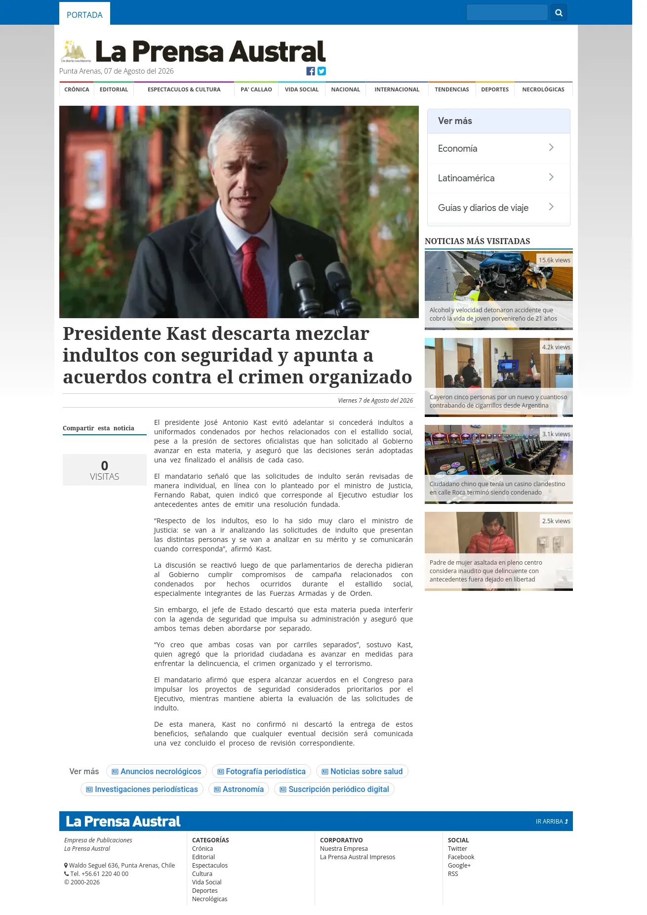 Presidente Kast descarta mezclar indultos con seguridad y apunta a acuerdos contra el crimen organizado
