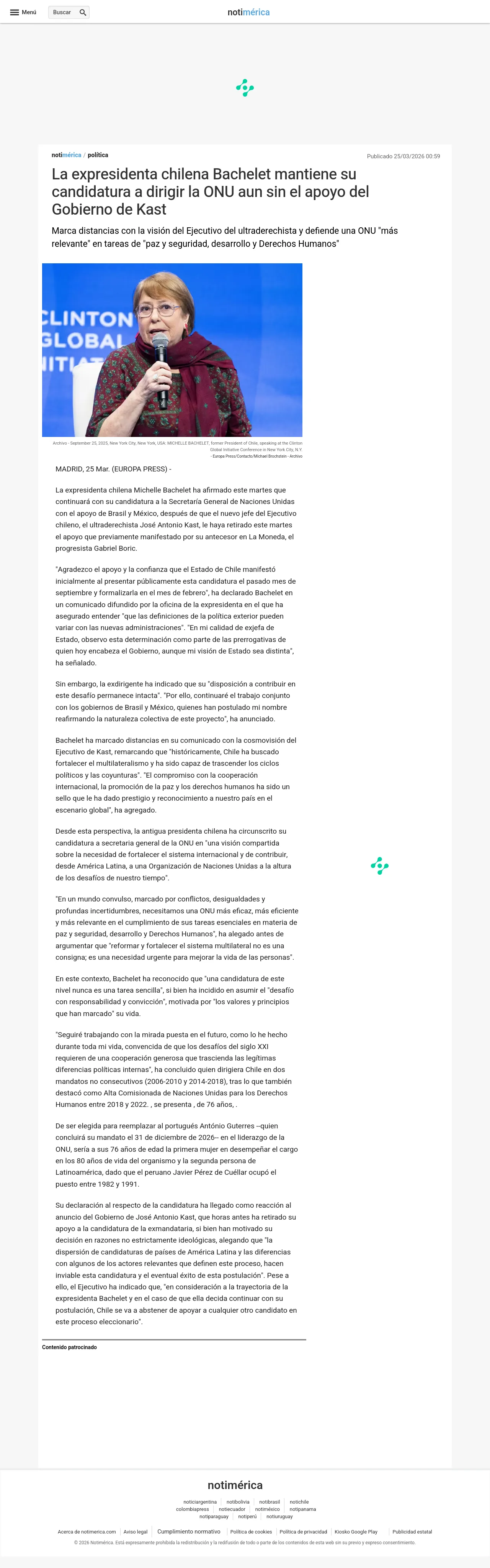 La expresidenta chilena Bachelet mantiene su candidatura a dirigir la ONU aun sin el apoyo del Gobierno de Kast