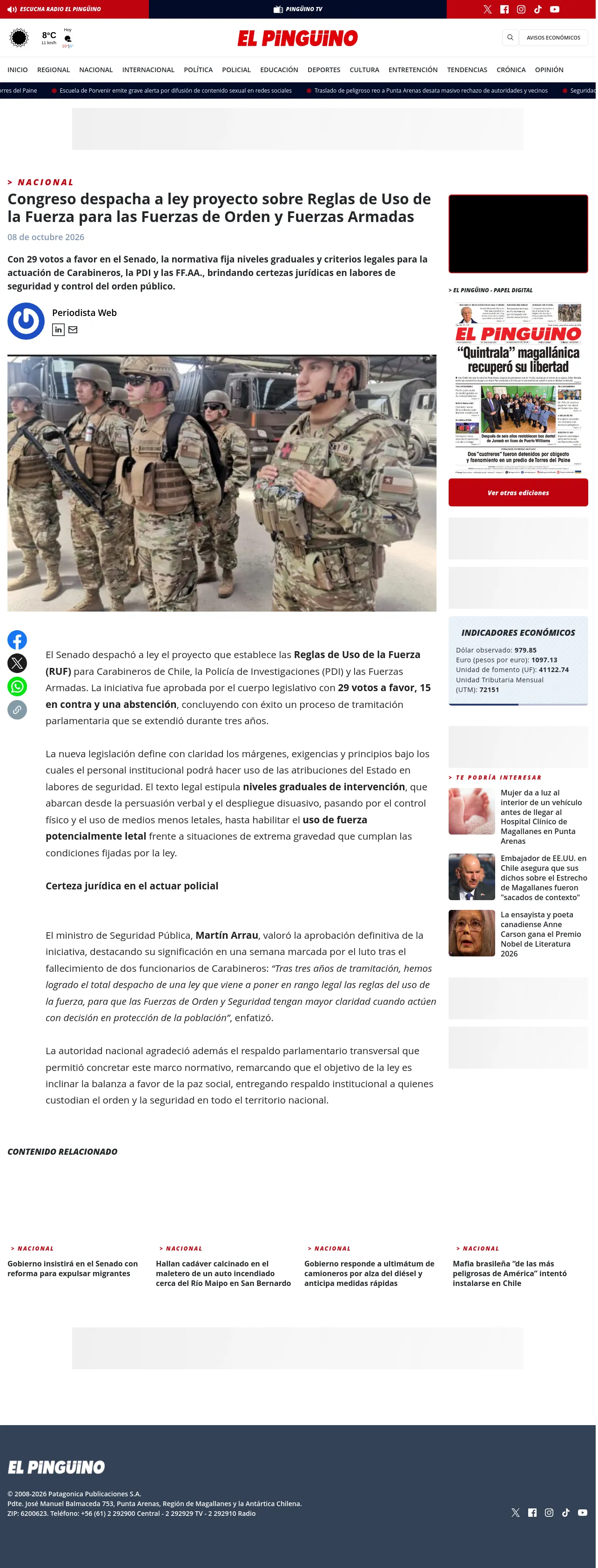 Congreso despacha a ley proyecto sobre Reglas de Uso de la Fuerza para las Fuerzas de Orden y Fuerzas Armadas