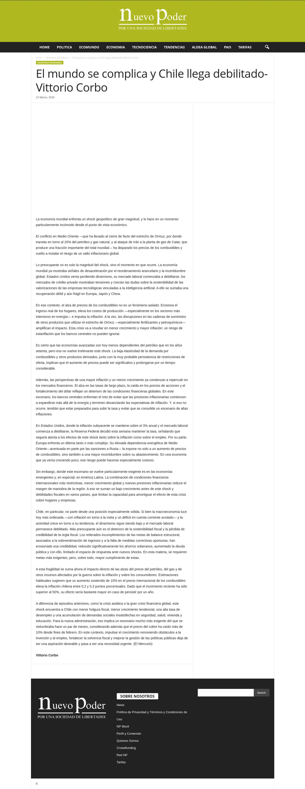 El mundo se complica y Chile llega debilitado-Vittorio Corbo