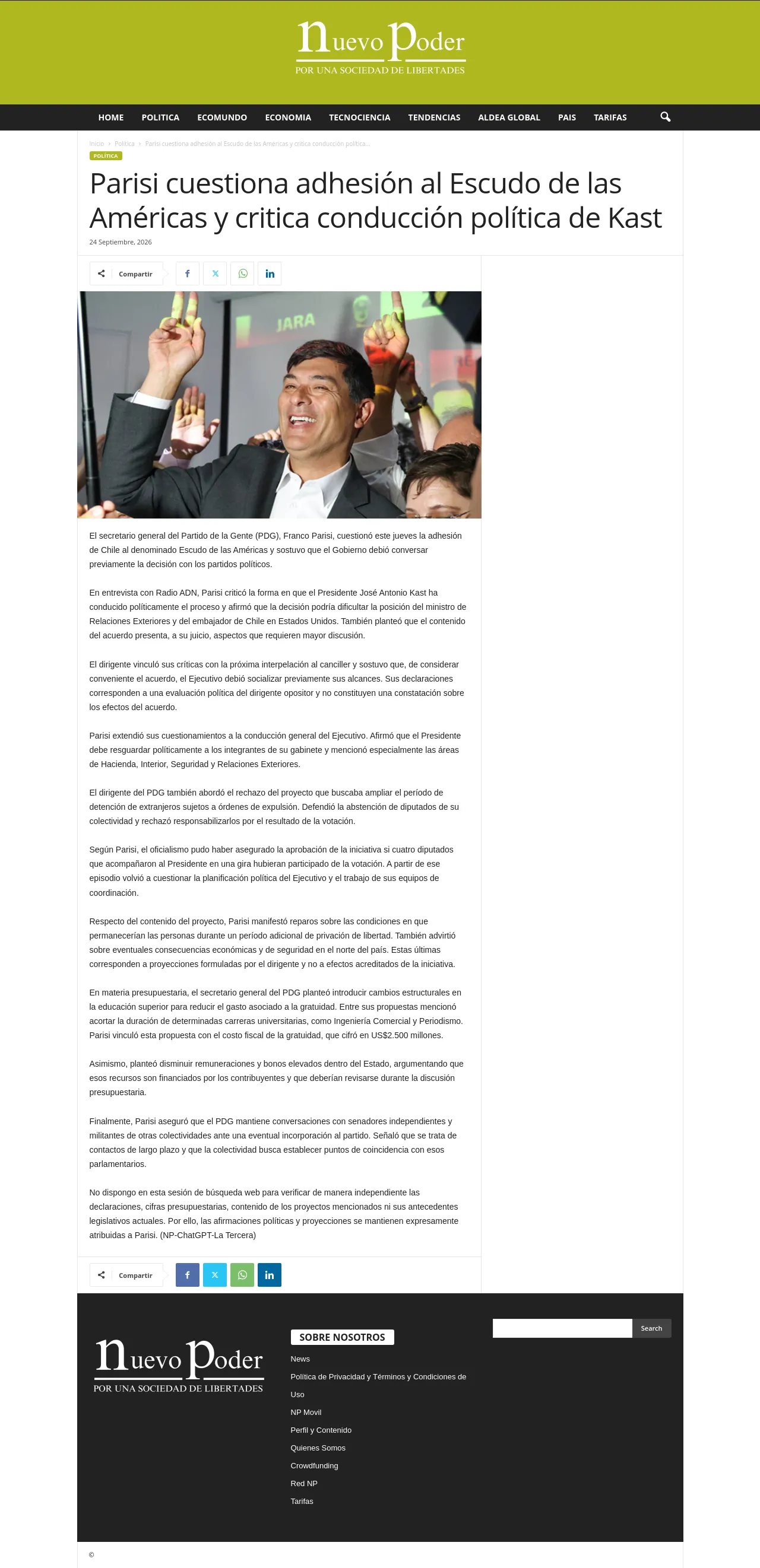 Parisi cuestiona adhesión al Escudo de las Américas y critica conducción política de Kast