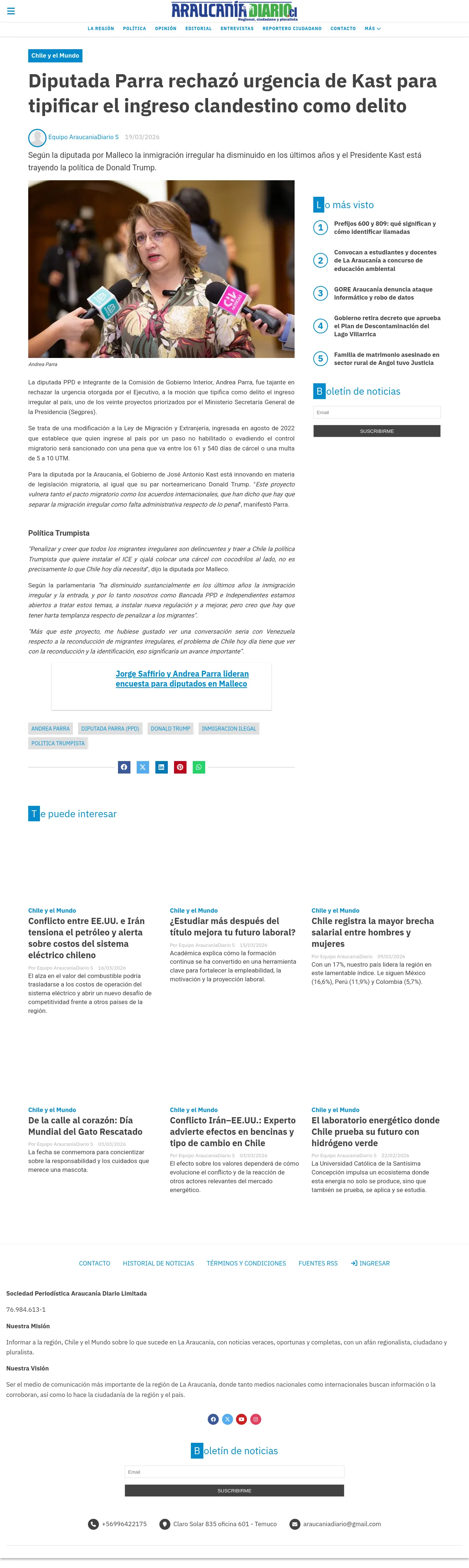 Diputada Parra rechazó urgencia de Kast para tipificar el ingreso clandestino como delito