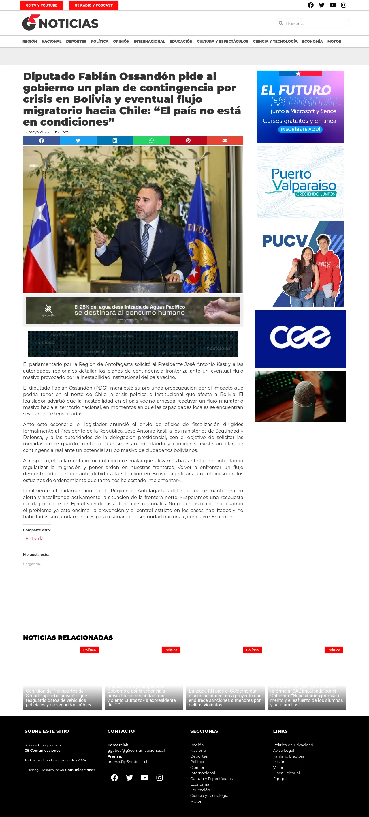 Diputado Fabián Ossandón pide al gobierno un plan de contingencia por crisis en Bolivia y eventual flujo migratorio hacia Chile: “El país no está en condiciones”