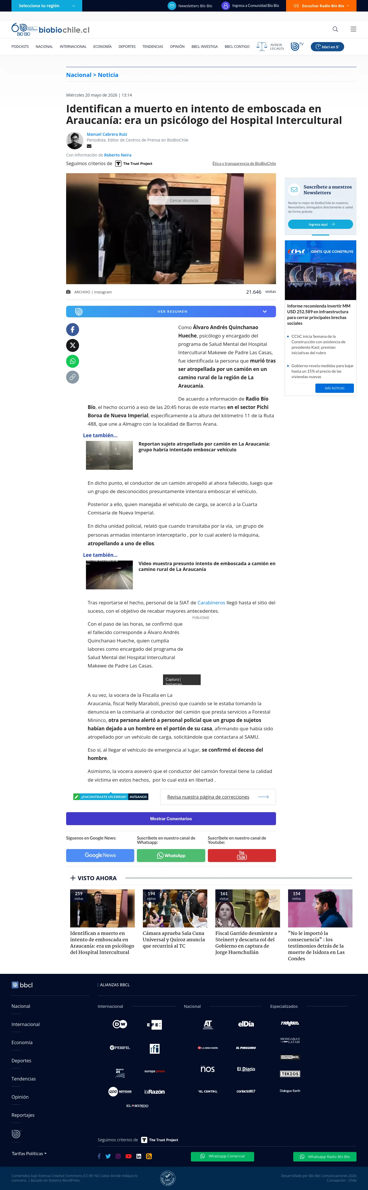 Identifican a muerto en intento de emboscada en Araucanía: era un psicólogo del Hospital Intercultural