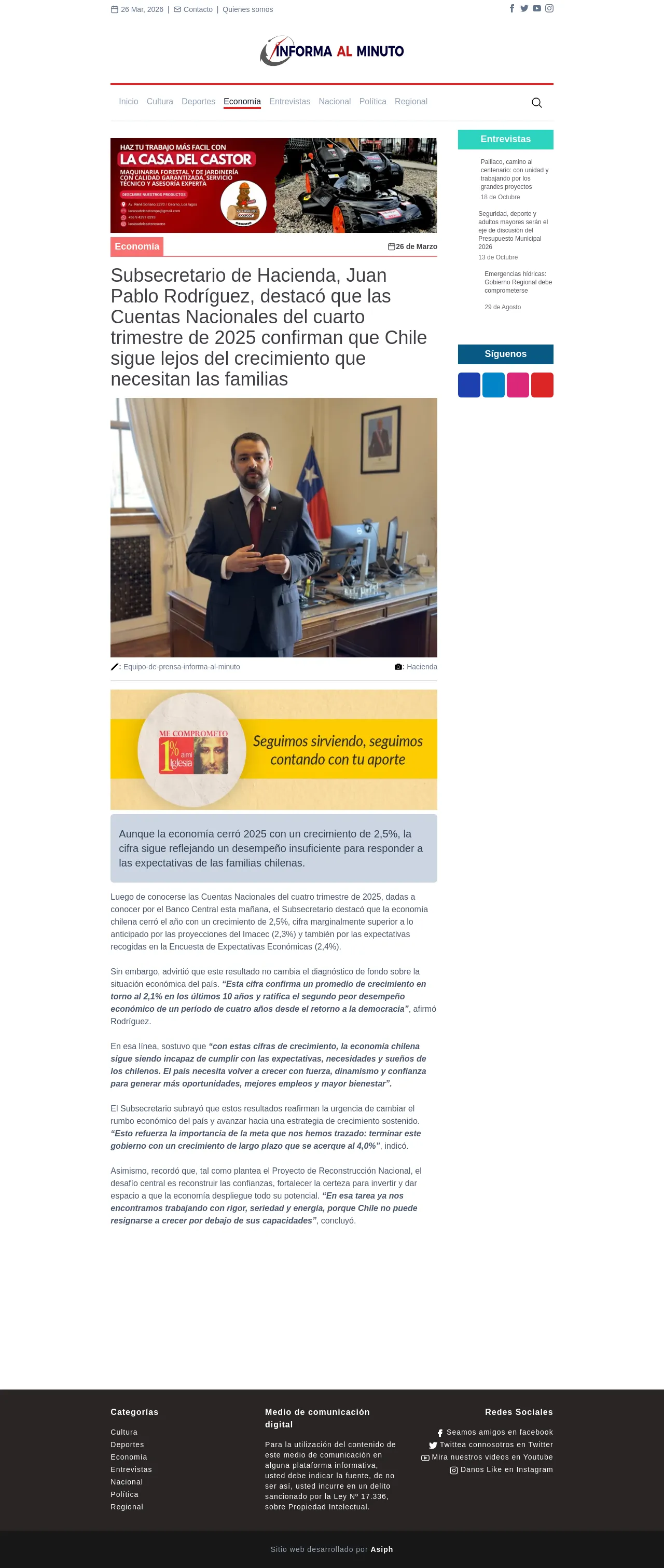 Subsecretario de Hacienda, Juan Pablo Rodríguez, destacó que las Cuentas Nacionales del cuarto trimestre de 2025 confirman que Chile sigue lejos del crecimiento que necesitan las familias