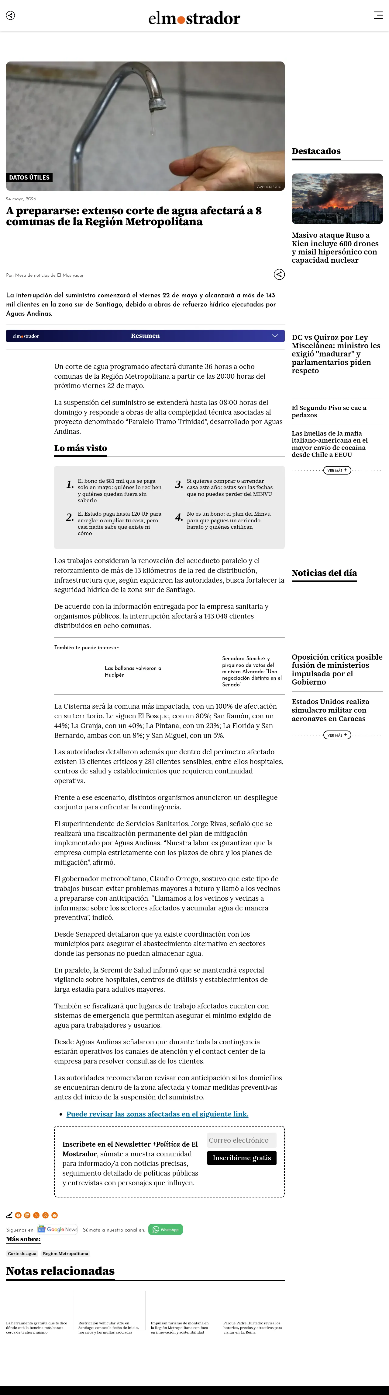 A prepararse: extenso corte de agua afectará a 8 comunas de la Región Metropolitana
