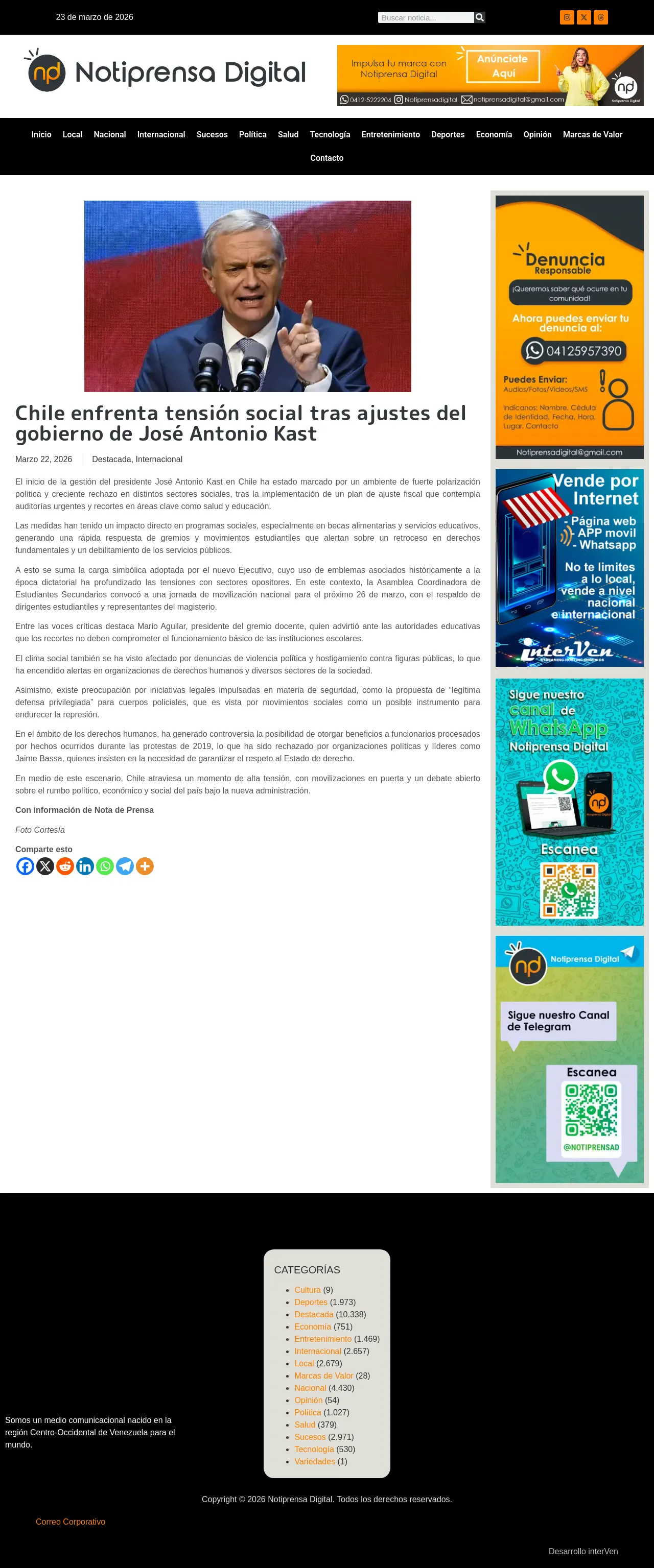 Chile enfrenta tensión social tras ajustes del gobierno de José Antonio Kast
