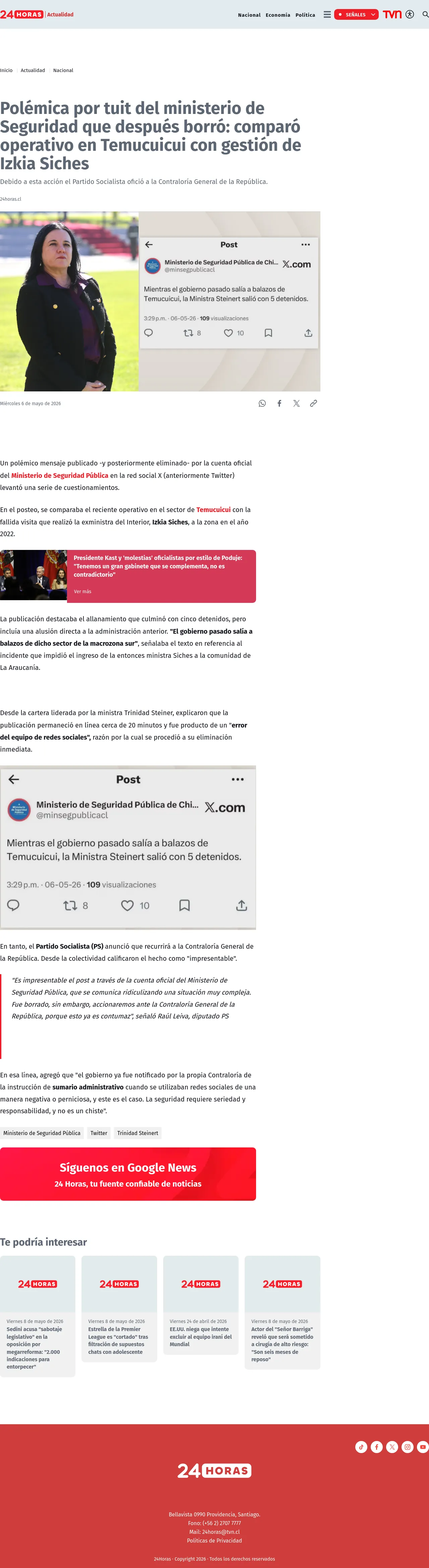 Polémica por tuit del ministerio de Seguridad que después borró: comparó operativo en Temucuicui con gestión de Izkia Siches