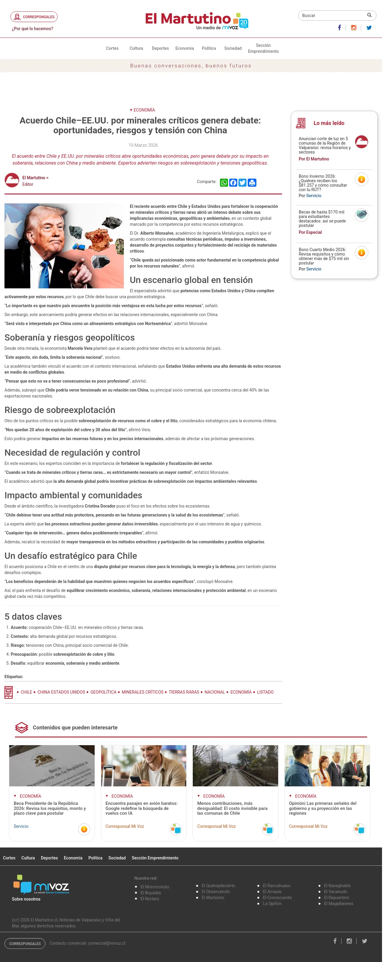 Acuerdo Chile–EE.UU. por minerales críticos genera debate: oportunidades, riesgos y tensión con China