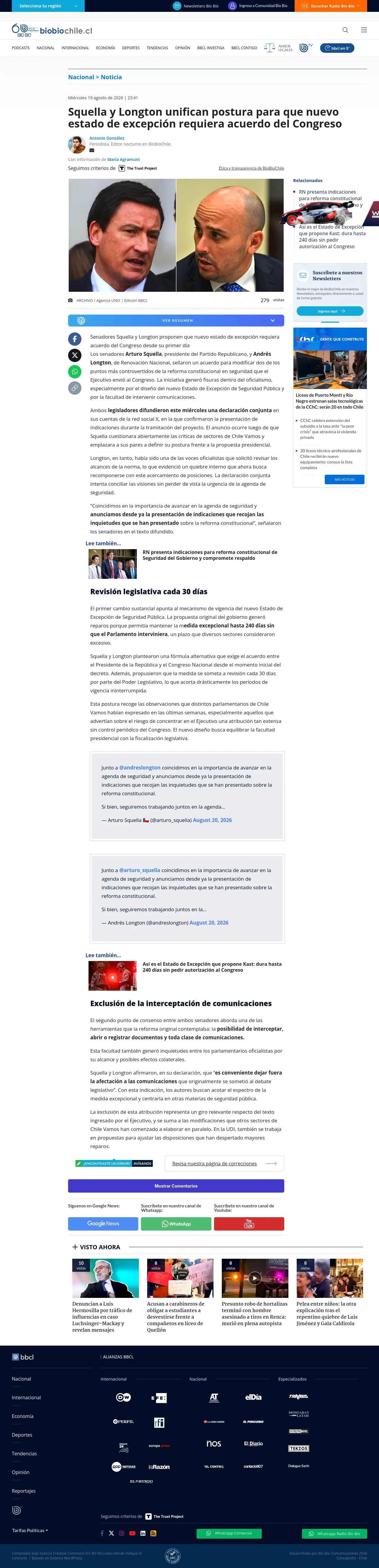 Squella y Longton unifican postura para que nuevo estado de excepción requiera acuerdo del Congreso